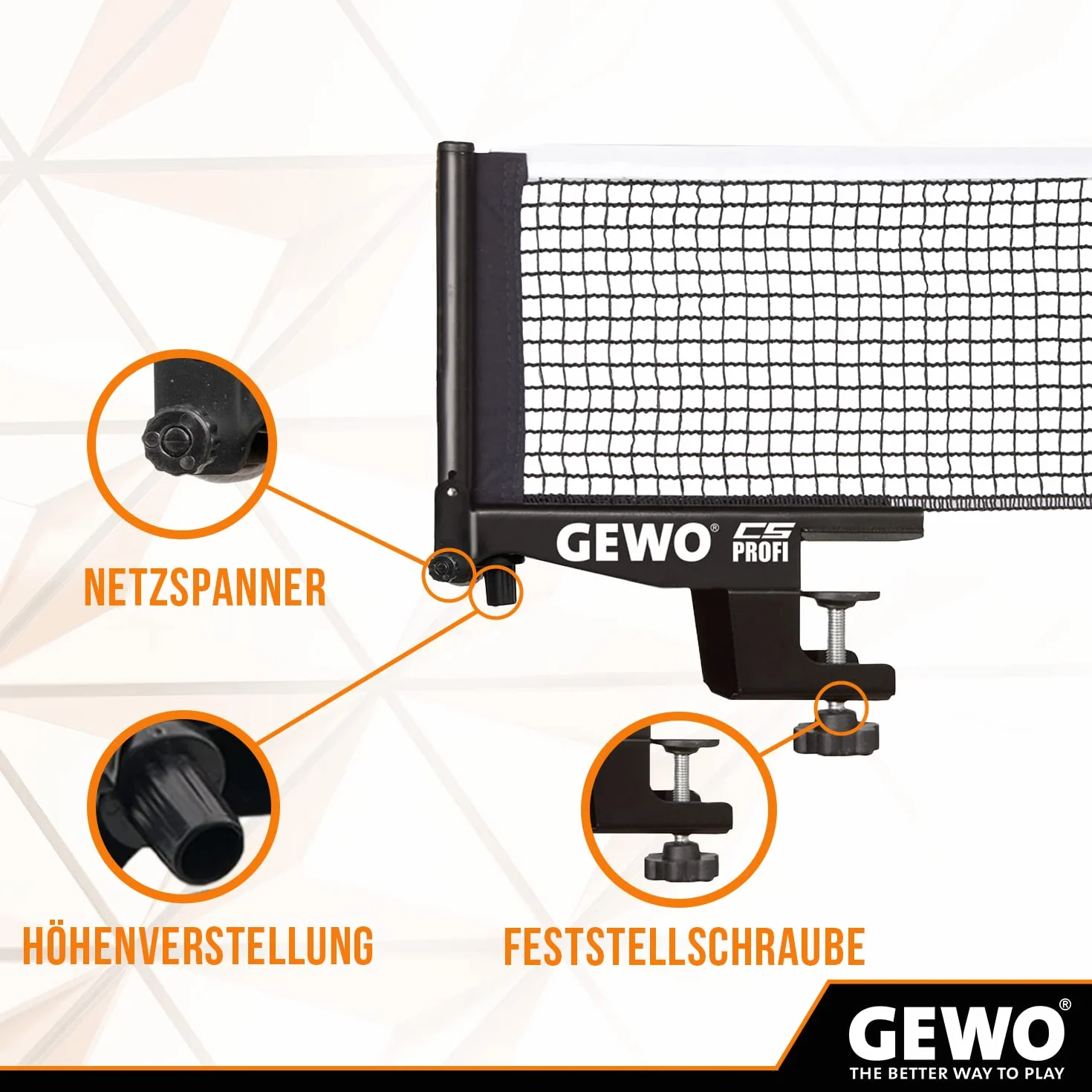 GEWO CS profesjonalna siatka do tenisa stołowego – profesjonalna siatka do tenisa stołowego – masywny metalowy zestaw ze śrubą z regulacją wysokości i wytrzymałą strukturą siatki, czarna, długość 183