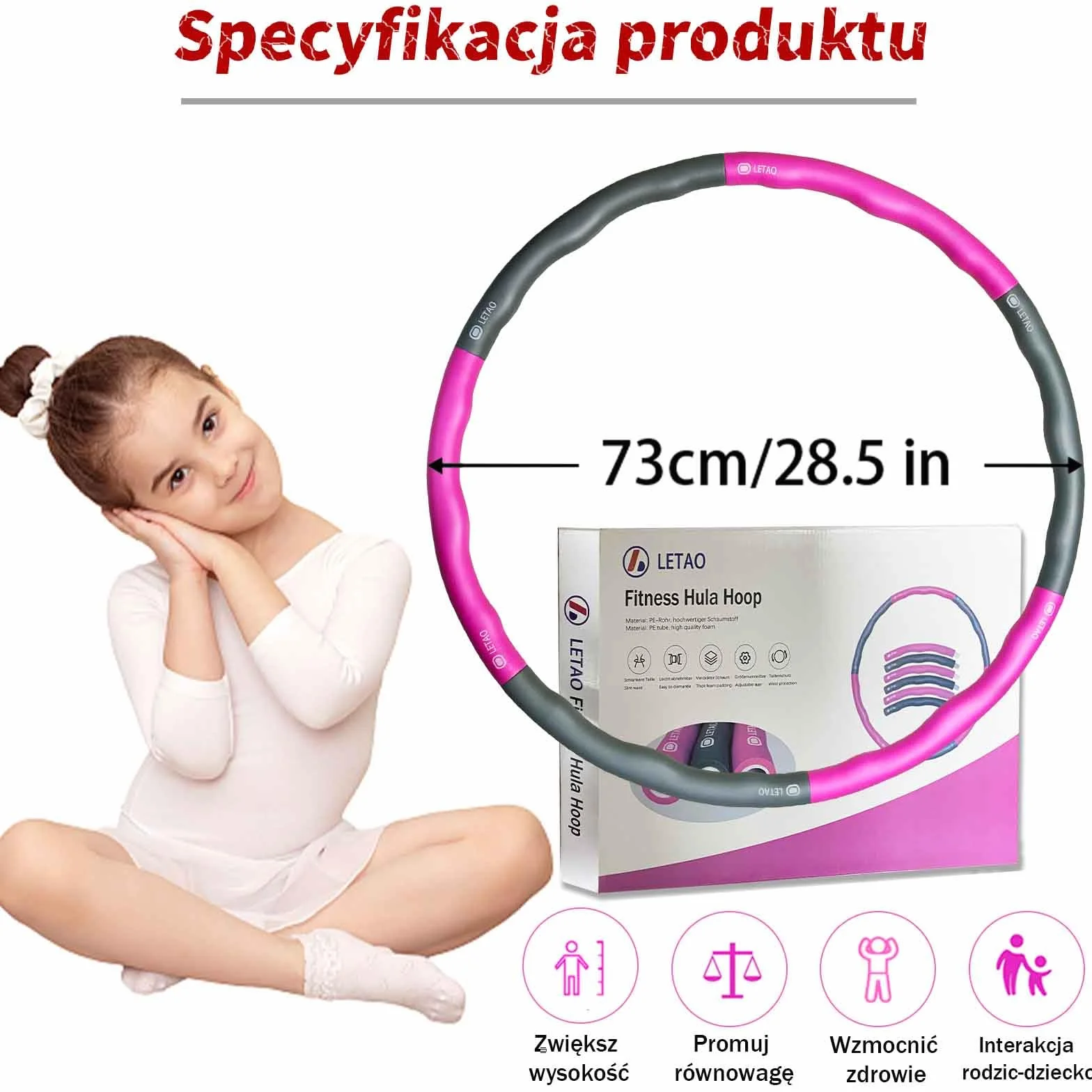 LETAO Obręcz fitness dla dzieci w wieku 3-8 lat, różowo-szara obręcz fitness dla dzieci, może być zdemontowana, w zestawie instrukcja elektroniczna