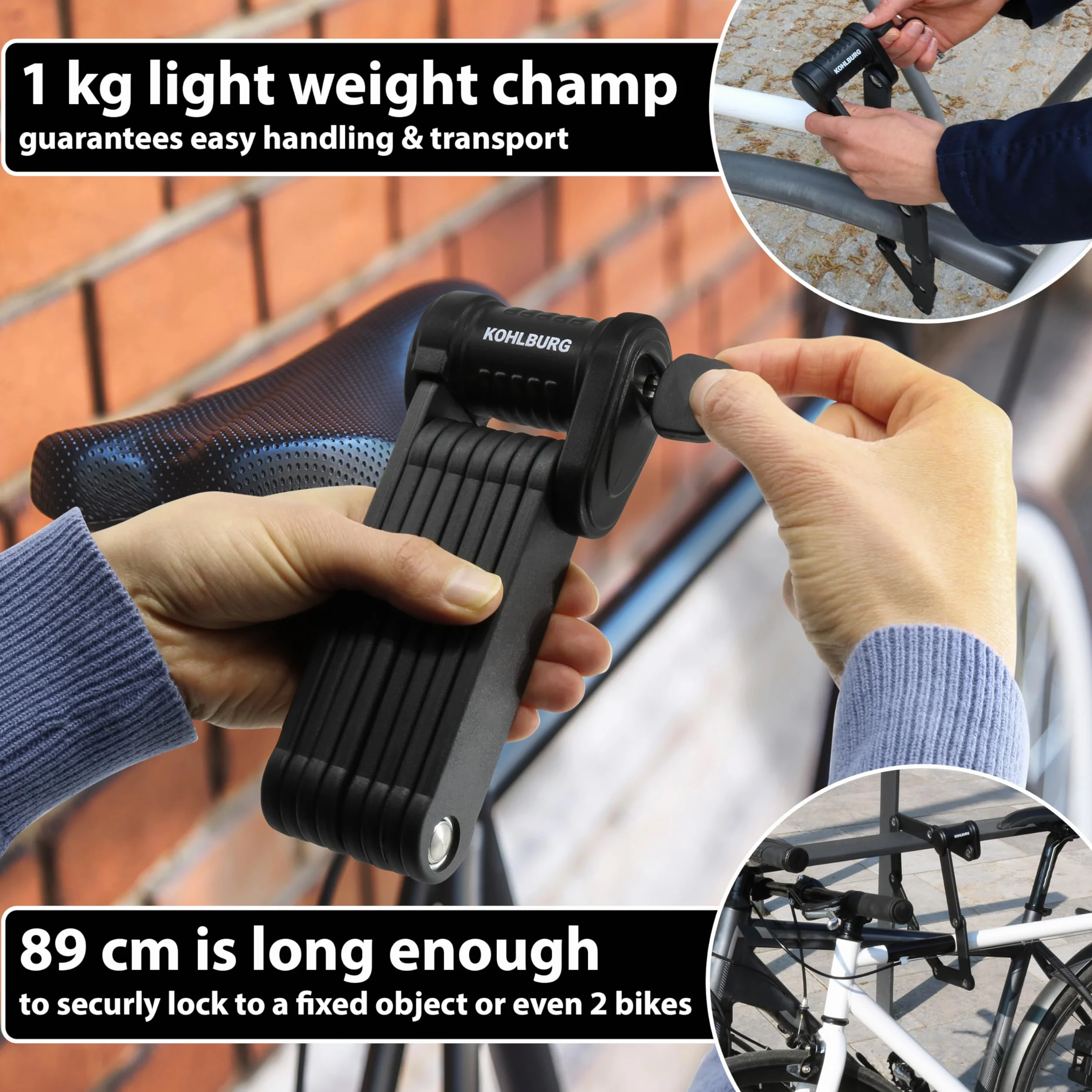 KOHLBURG Zapięcie składane do roweru najwyższe bezpieczeństwo przy wadze tylko 1kg – 89cm – Zapięcie rowerowe z uchwytem – bardzo bezpieczne zapięcie rowerowe jako zamek do hulajnogi elektrycznej