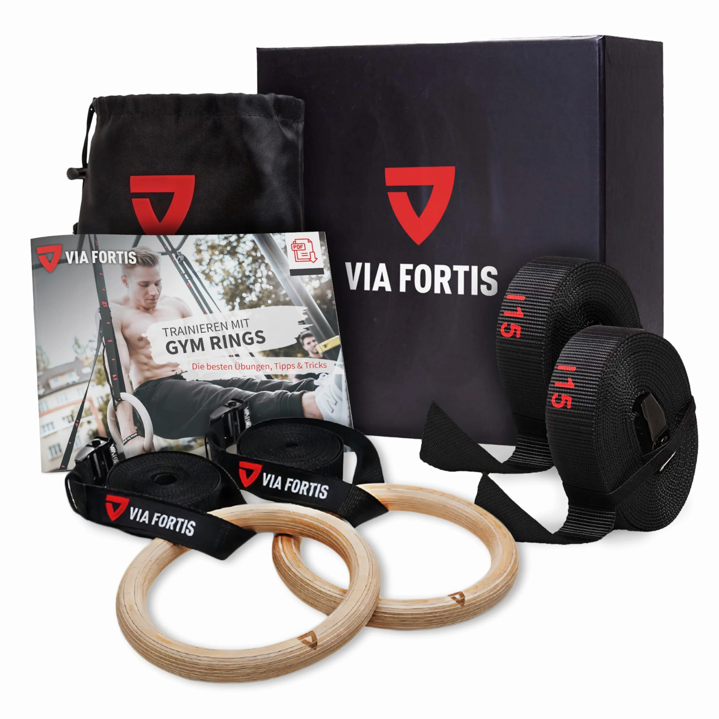 VIA FORTIS Pierścienie gimnastyczne z drewna z paskami, torbą i przewodnikiem treningowym do kalisteniki i crossfitu