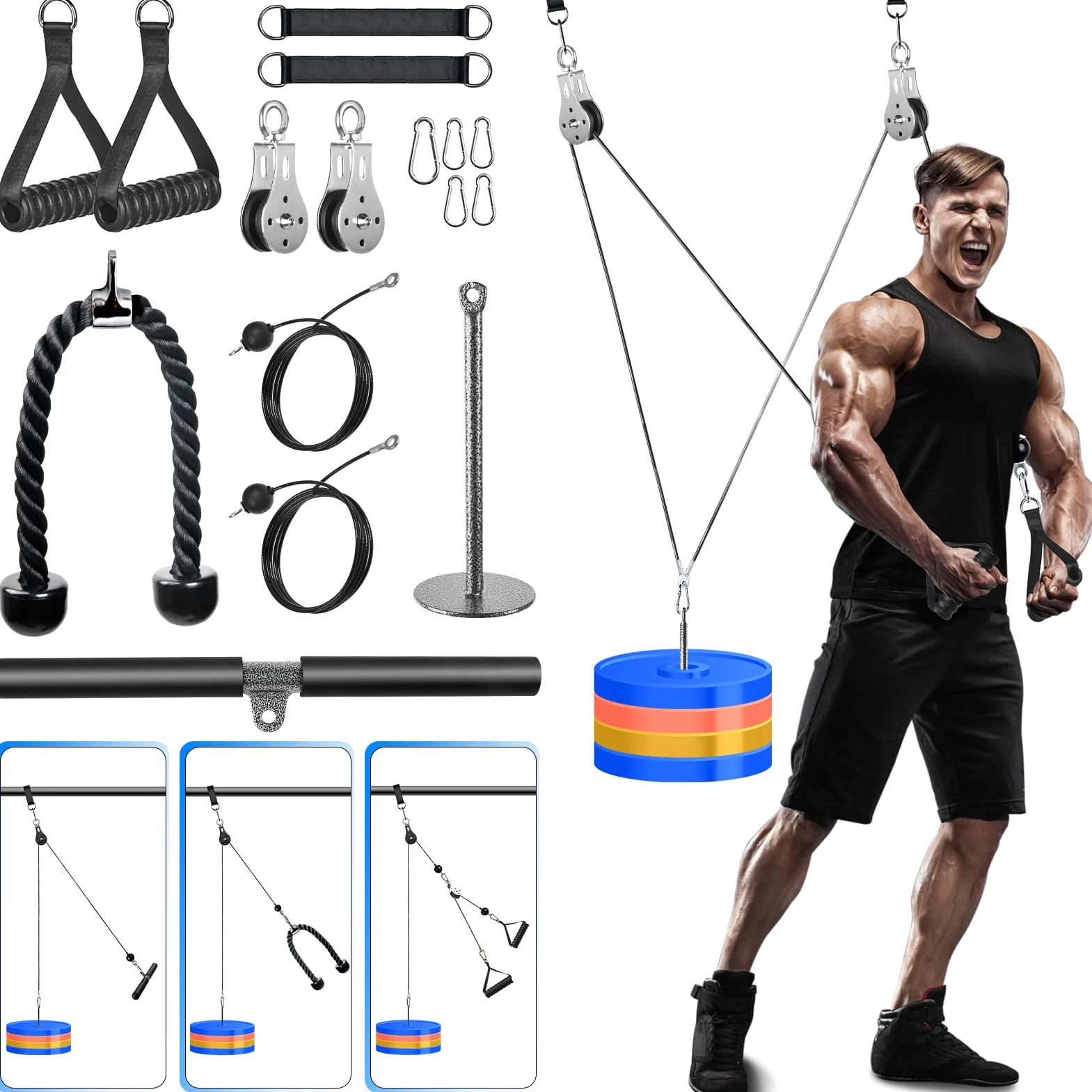 System bloczków do treningu w domu LAT PULL DOWN, 3w1 podwójny system bloczków z obciążeniem do ćwiczeń klatki piersiowej, tricepsów, bicepsów, ramion i pleców – sprzęt fitness