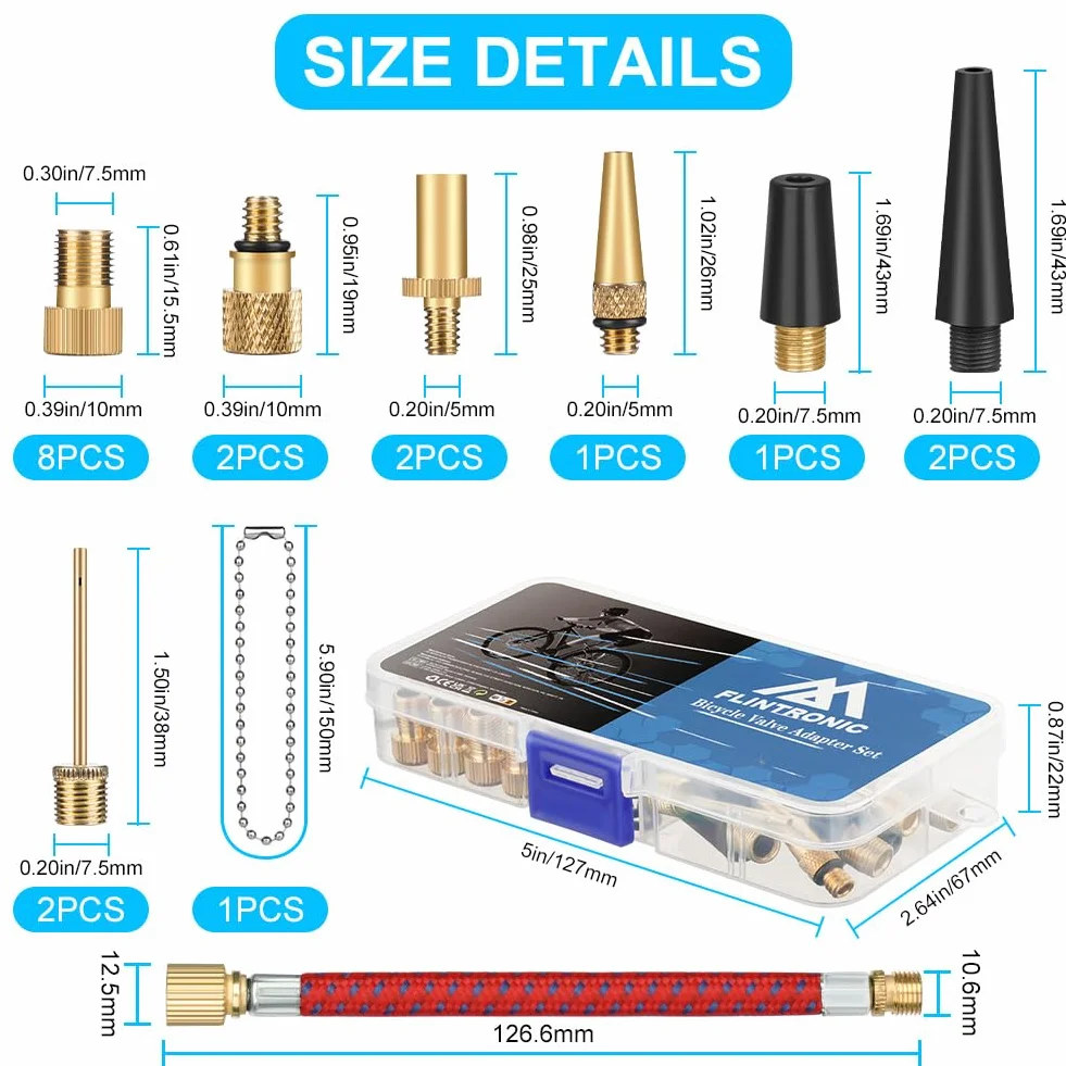 flintronic Adapter do wentyla rowerowego 32 szt., adapter do pompki rowerowej, adapter wentyla rowerowego DV/SV/AV, do sprężarki rowerowej, do pompki kulowej, do pompy powietrza