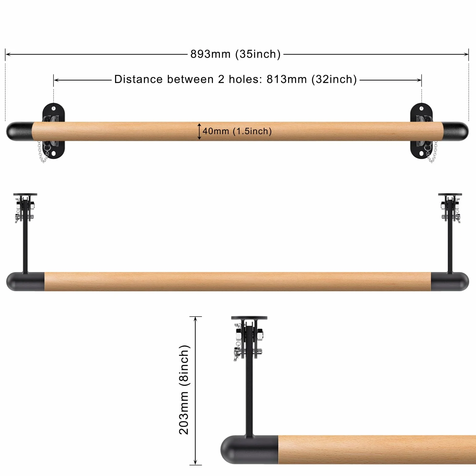 BeneLabel Regulowany Drewniany Drążek Baletowy 90-250 cm Montowany na Ścianie