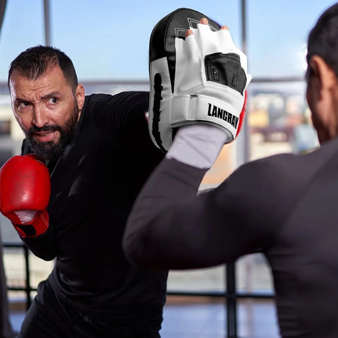 LangRay Rękawice bokserskie, zakrzywione rękawice bokserskie do kickboxingu, MMA, Muay Thai, czarno-białe