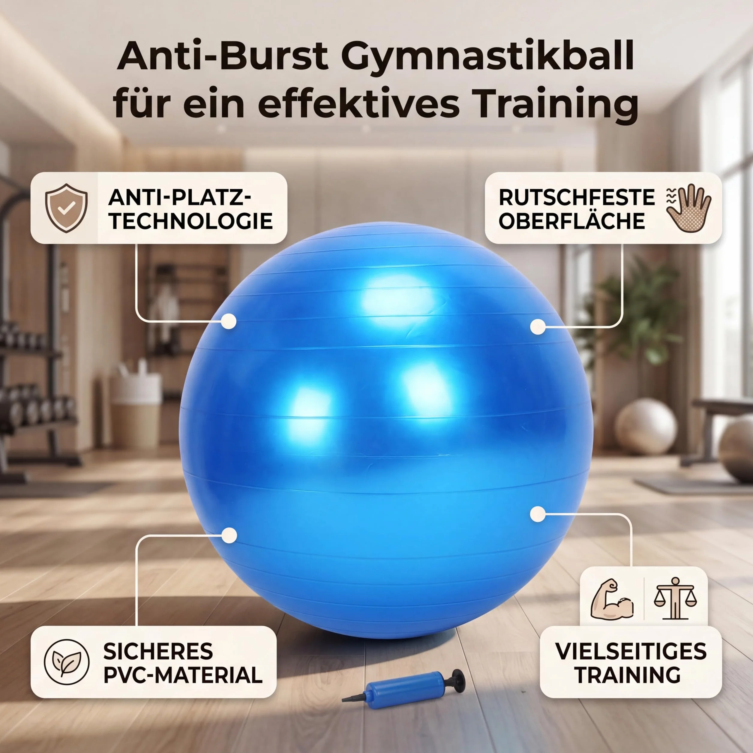 Cocoarm Piłka do ćwiczeń fitness 75 cm, odporna na pękanie piłka treningowa z bardzo grubą ścianką, antypoślizgowa piłka do ćwiczeń jogi z PVC, z pompką powietrza, niebieska