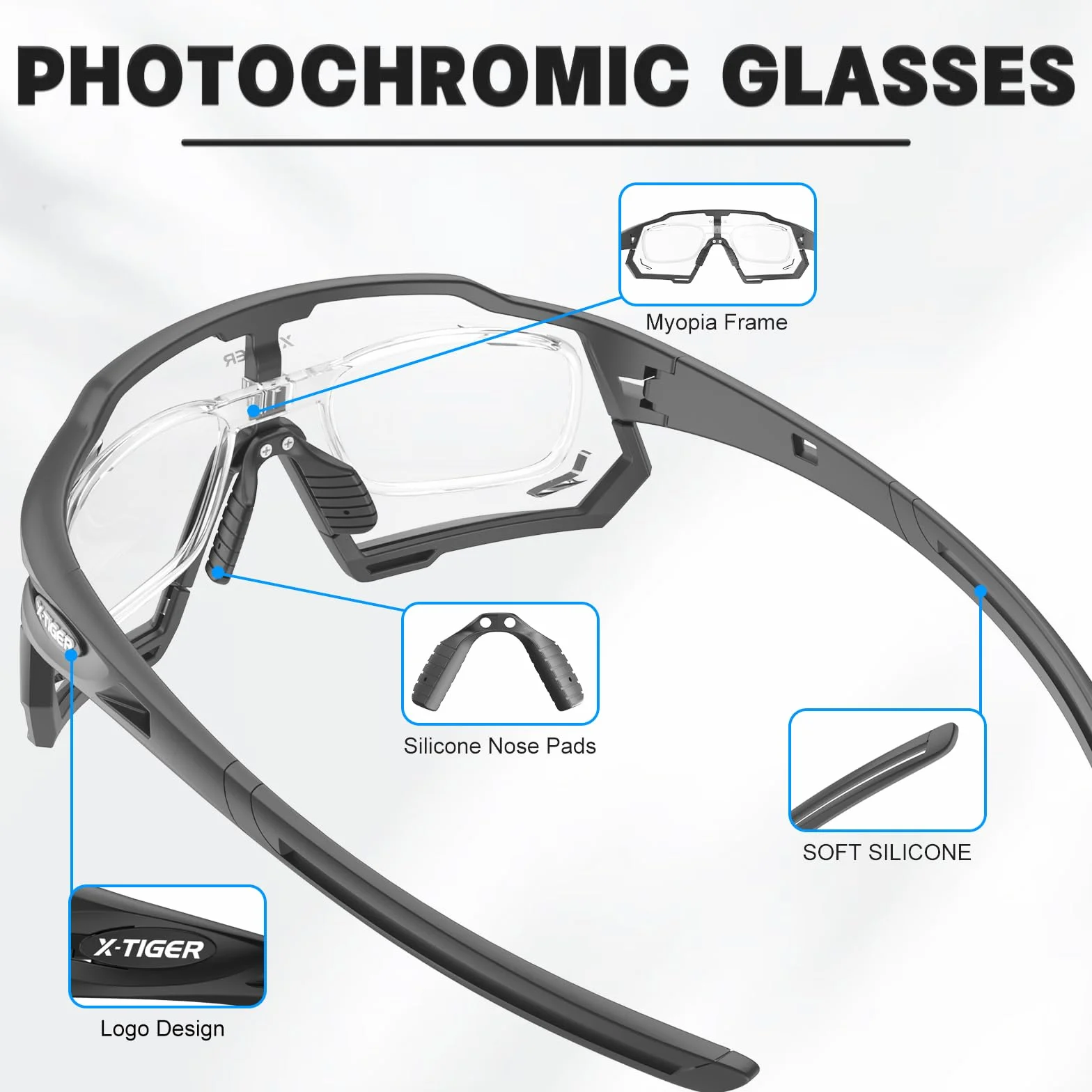 X-TIGER Okulary rowerowe, samonośne, męskie, damskie, oprawki TR90, okulary sportowe, samotonujące, UV400, fotochromatyczne okulary przeciwsłoneczne, MTB, przezroczyste okulary rowerowe