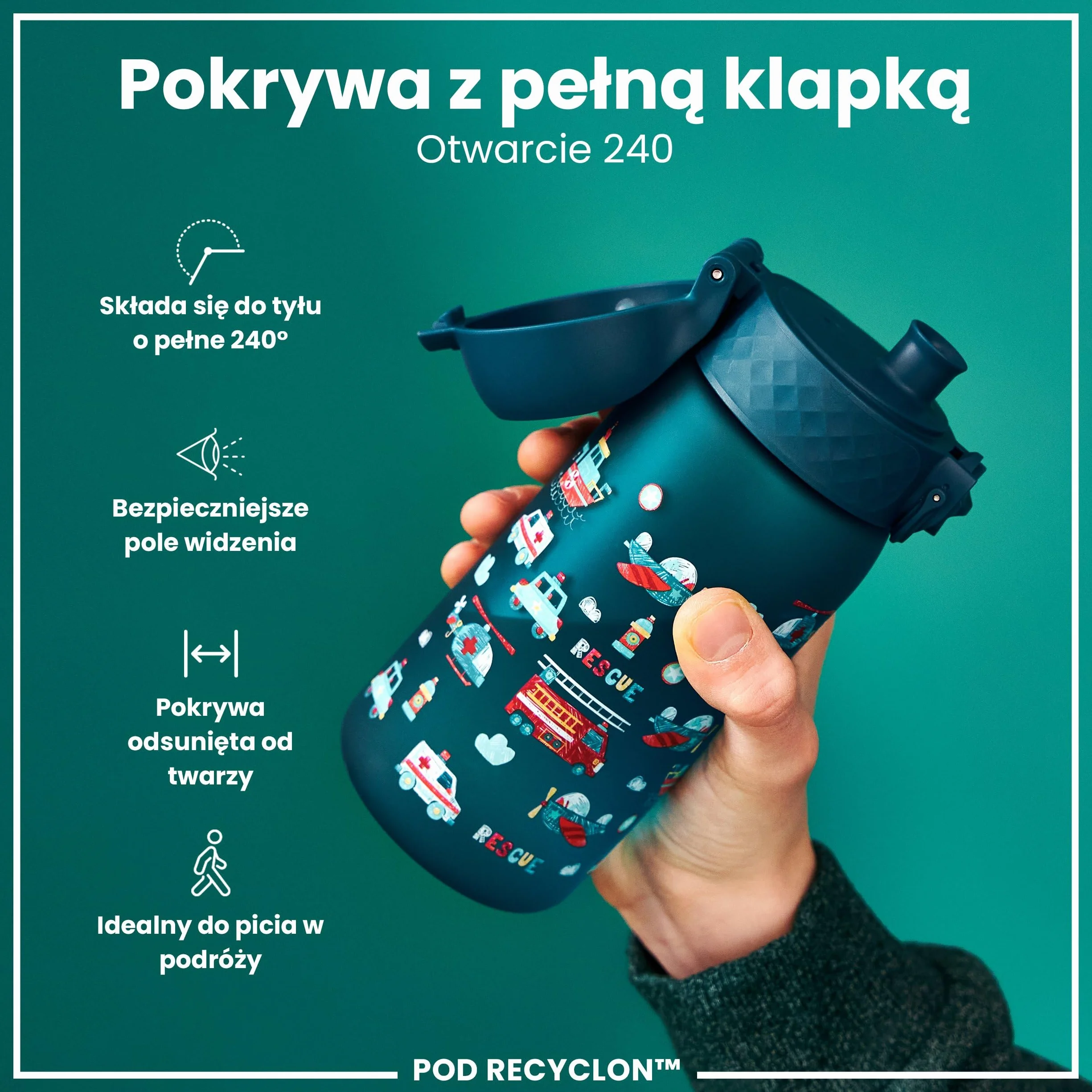 ION8 Butelka dla Dzieci 350 ml Szczelna Bez BPA Łatwa do Otwarcia Pojazd Ratunkowy