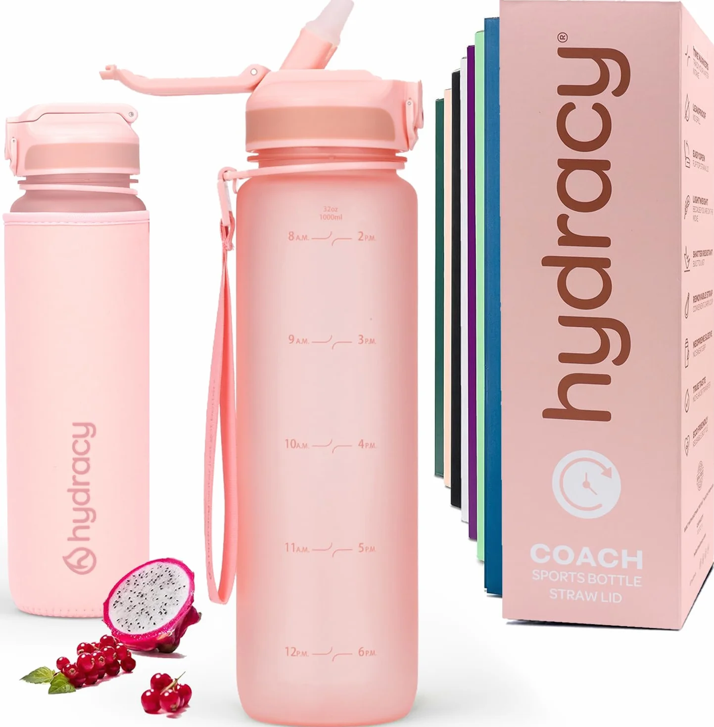 Hydracy Butelka na wodę z podziałką czasową i słomką, duża o pojemności 1 l, bez BPA, motywacyjna, z rękawem zapobiegającym kondensacji, szczelna, na siłownię, do sportu, fitnessu i na zewnątrz