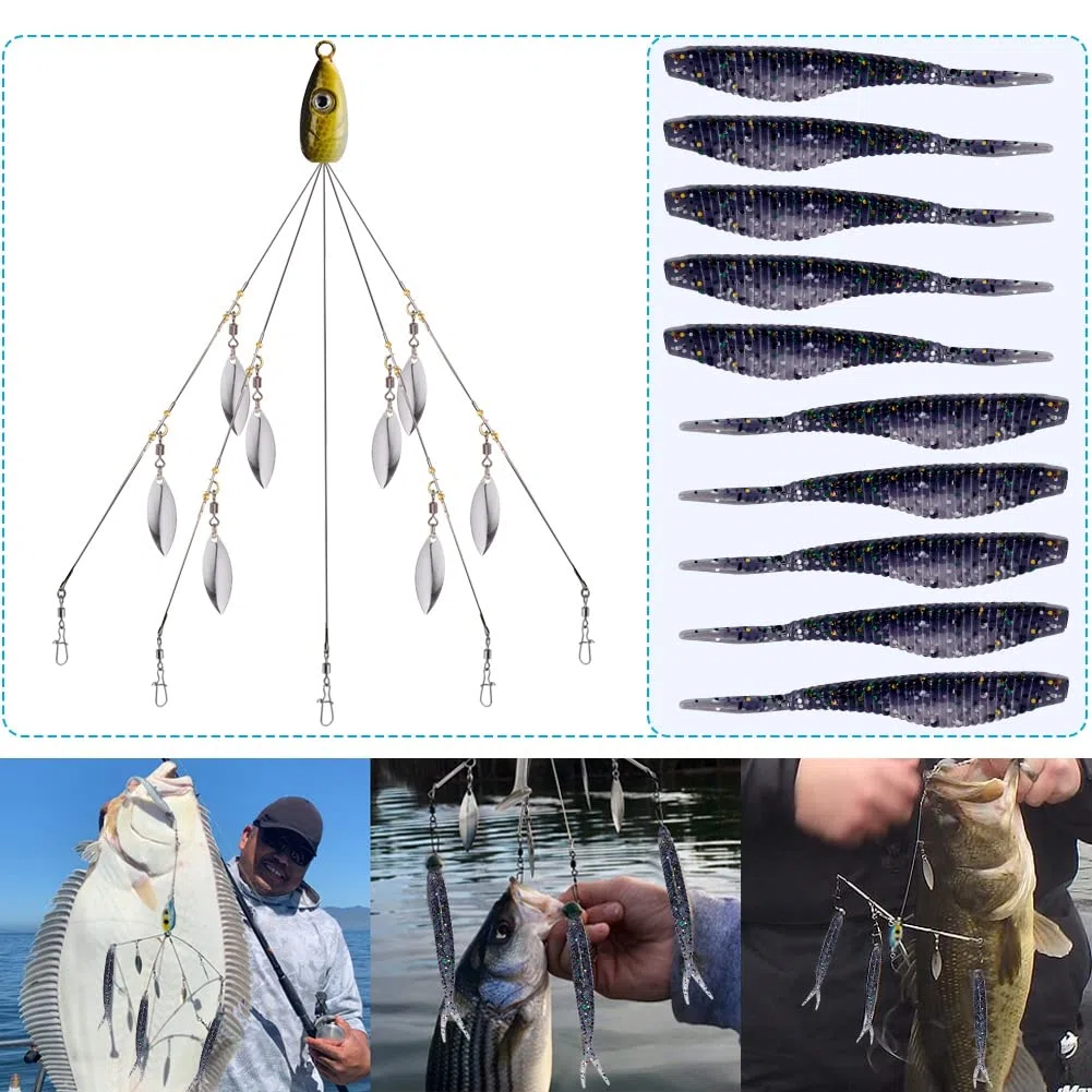 XhuangTech Przynęty Alabama Rig, 5 ramion Alabama Parasol Rig z miękkim ogonem wiosłowym do pływania przynęta basowa haczyk na szczupak / pstrąg / Crappie w słodkiej lub słonej wodzie