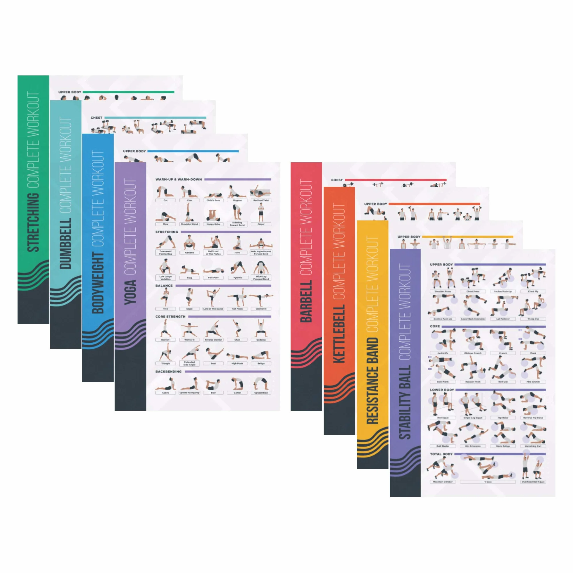 PosterMate - FitMate zestaw plakatów treningowych, 8 sztuk, hantle, sztanga, kettlebell i wiele innych rutynowych treningów gimnastycznych z bezpłatnymi ciężarami (51 x 76 cm)