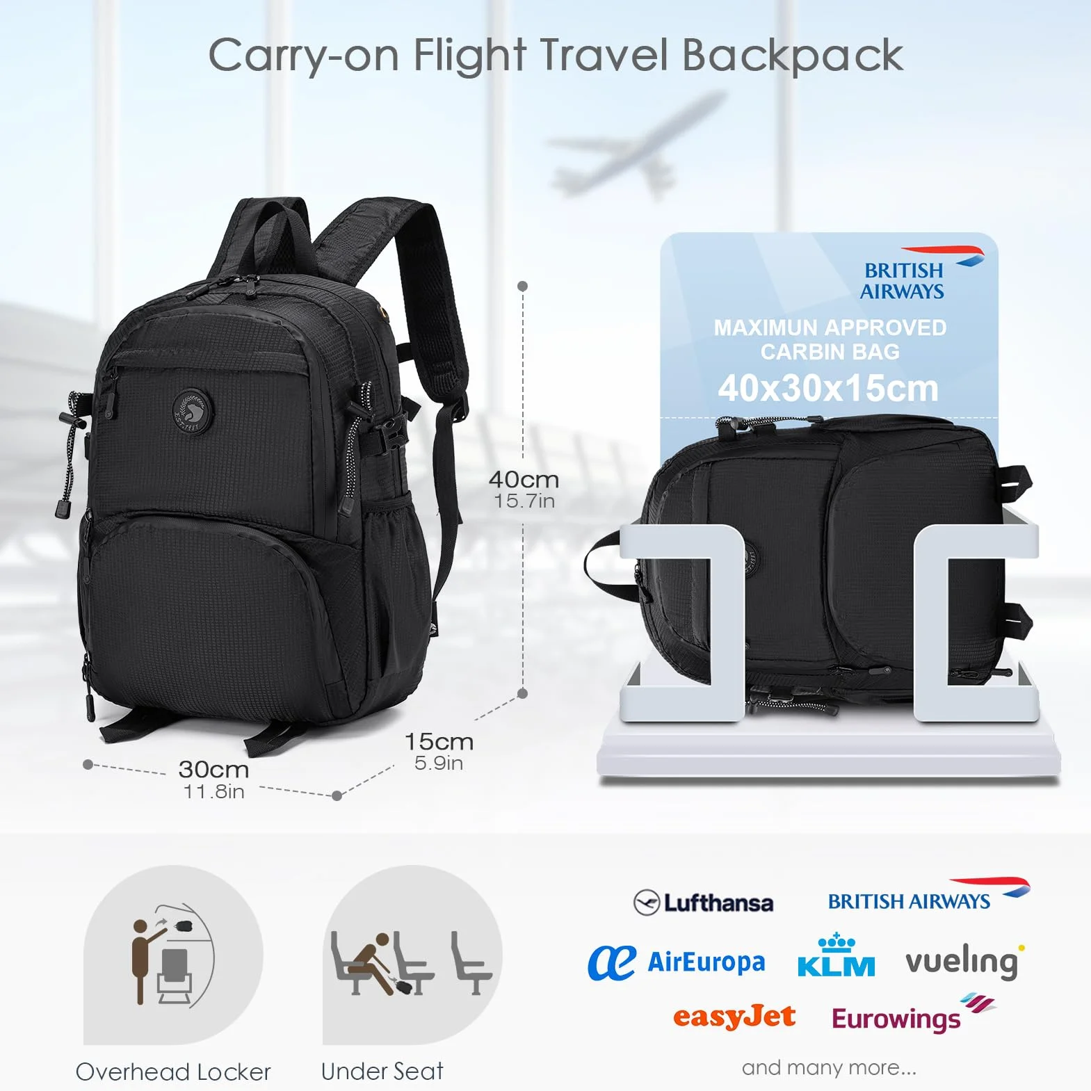 SPAHER Składany Plecak Podróżny do Samolotu 40x30x15cm British Airways Bagaż Podręczny Wodoodporny Plecak Kabinowy Szkolny Turystyczny Lekkie 20L Plecak na Co Dzień Wodoodporny Mężczyzn Kobiety
