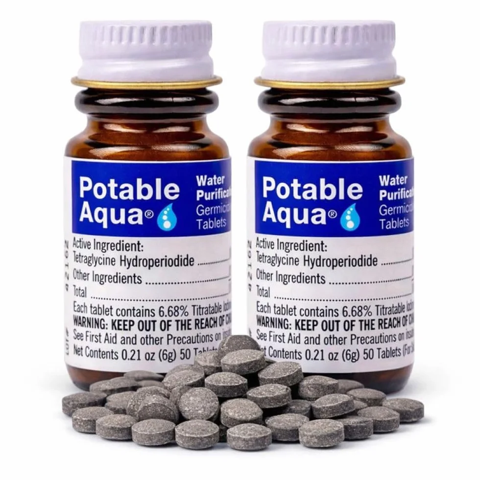 Potable Aqua Tabletki do oczyszczania wody, przenośne i skuteczne rozwiązanie do oczyszczania wody na kemping, wędrówki, sytuacje awaryjne, klęski żywiołowe i podróże międzynarodowe, dwie butelki