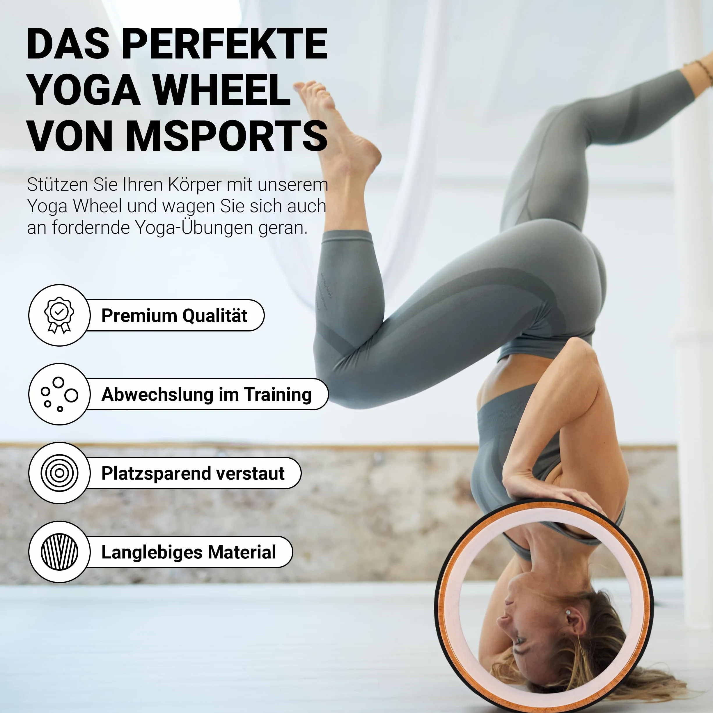 MSPORTS Yoga Wheel – Premium – narzędzie do ćwiczeń jogi | koło do jogi (drewno – kork)