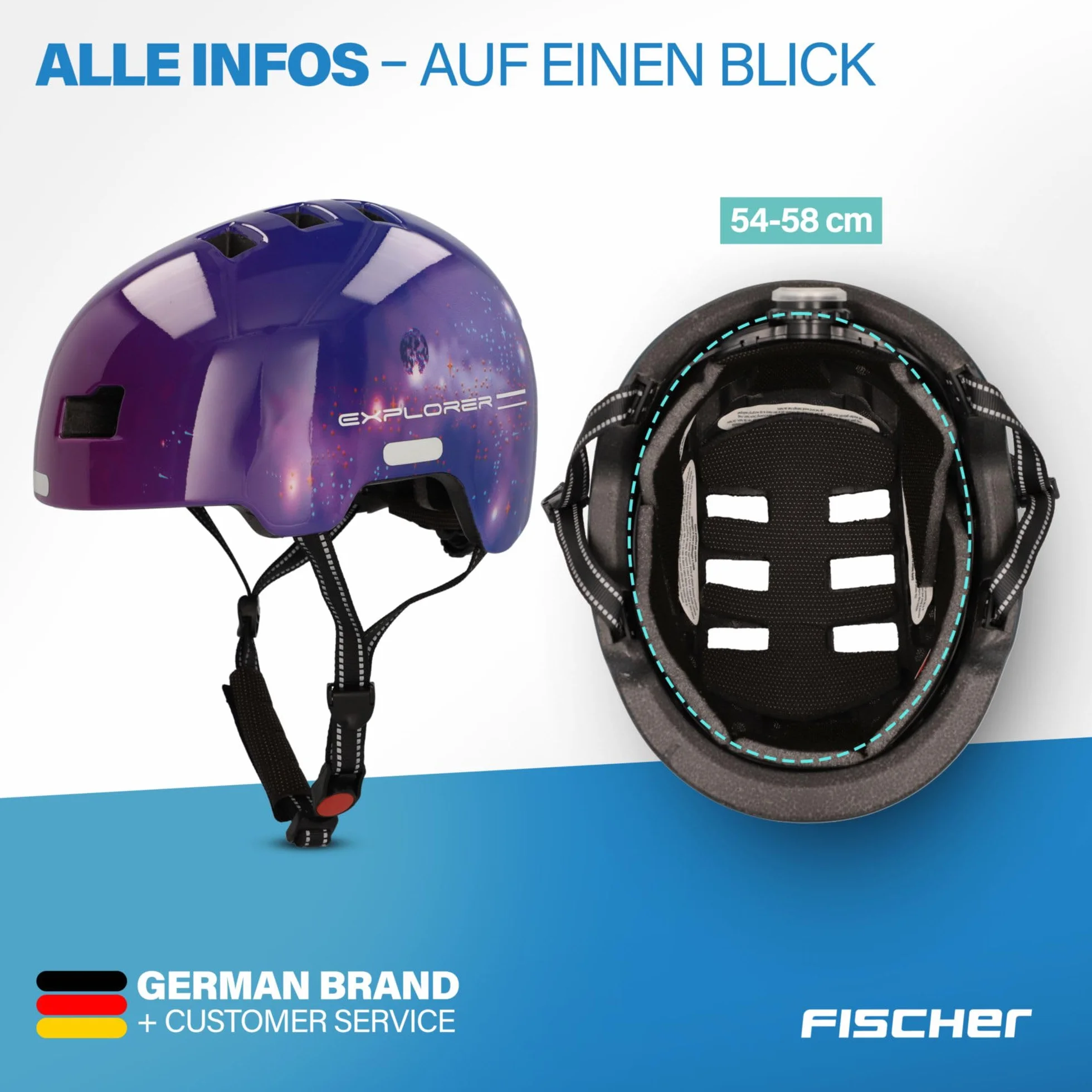 FISCHER BMX kask rowerowy, kask rowerowy Dirt Bike Plus Explorer, S/M, 54-59 cm, niebieski, z wbudowanym tylnym światłem LED
