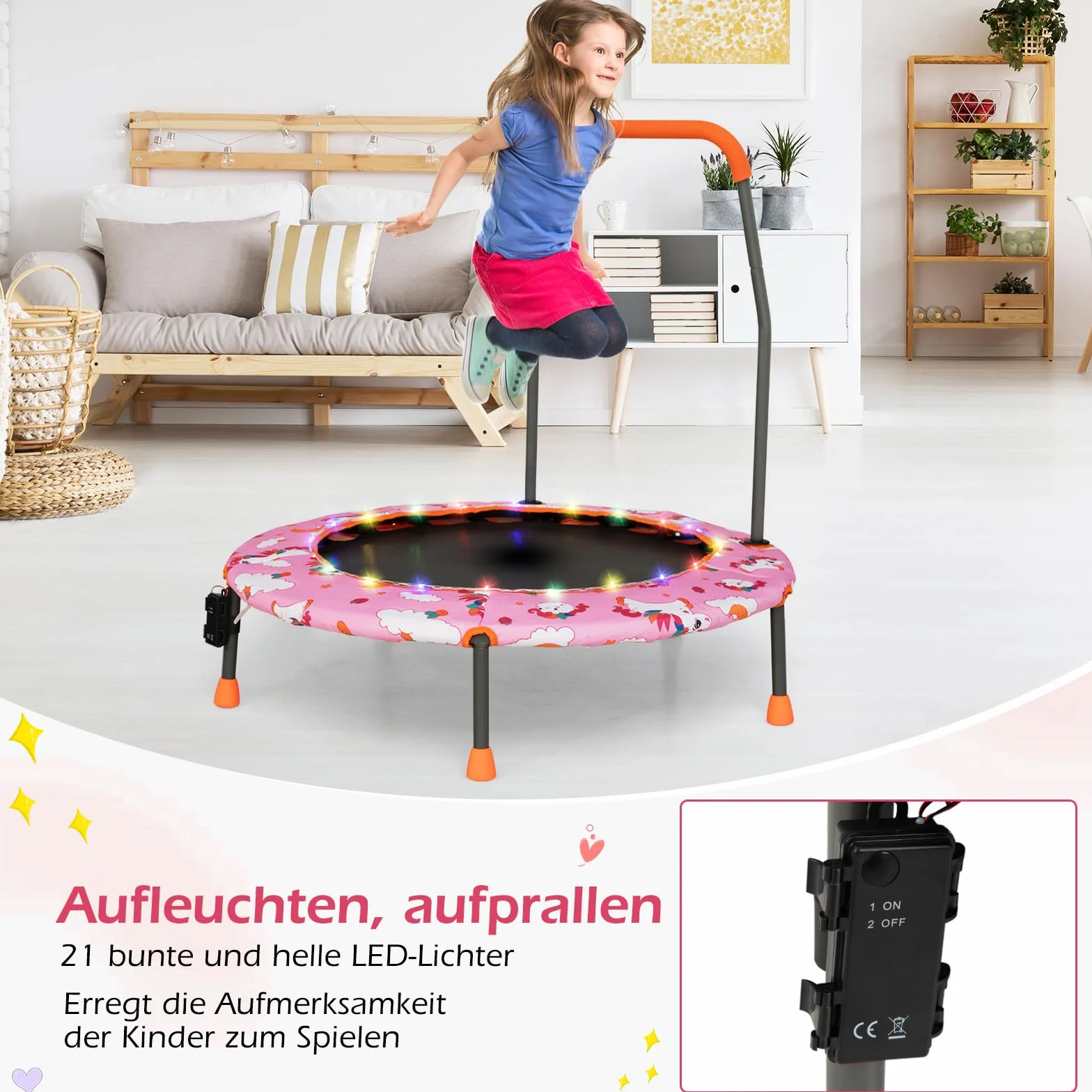 COSTWAY Trampolina dla dzieci o średnicy 92 cm, mini trampolina z oświetleniem LED i zdejmowanym uchwytem, trampolina fitness, trampolina ogrodowa, do użytku wewnątrz i na zewnątrz, dla dzieci w wieku