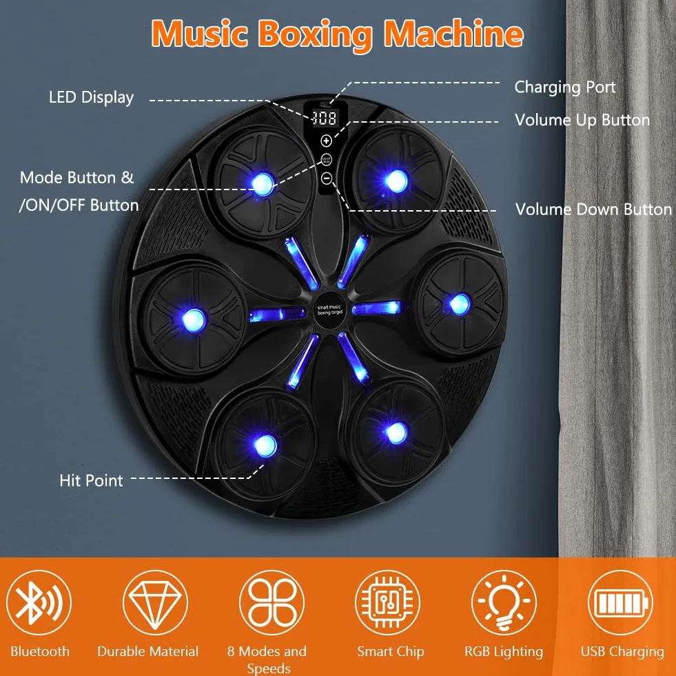 HOTUT Muzyczna Maszyna Bokserska LED na Ścianę z Rękawicami Bezprzewodowy Bluetooth Trening