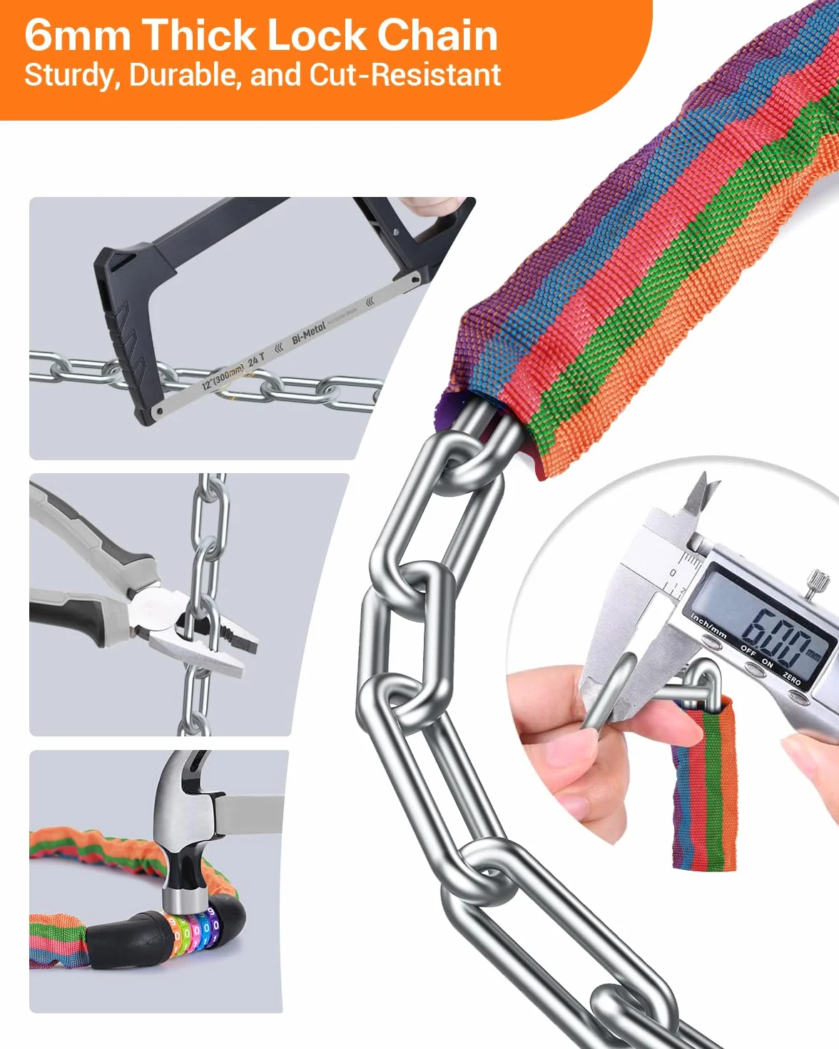 Sportneer Blokada rowerowa, zabezpieczenie łańcucha rowerowego, 5-cyfrowe, resetowalne, szyfrowe, antykradzieżowe, 7 mm x 975 mm