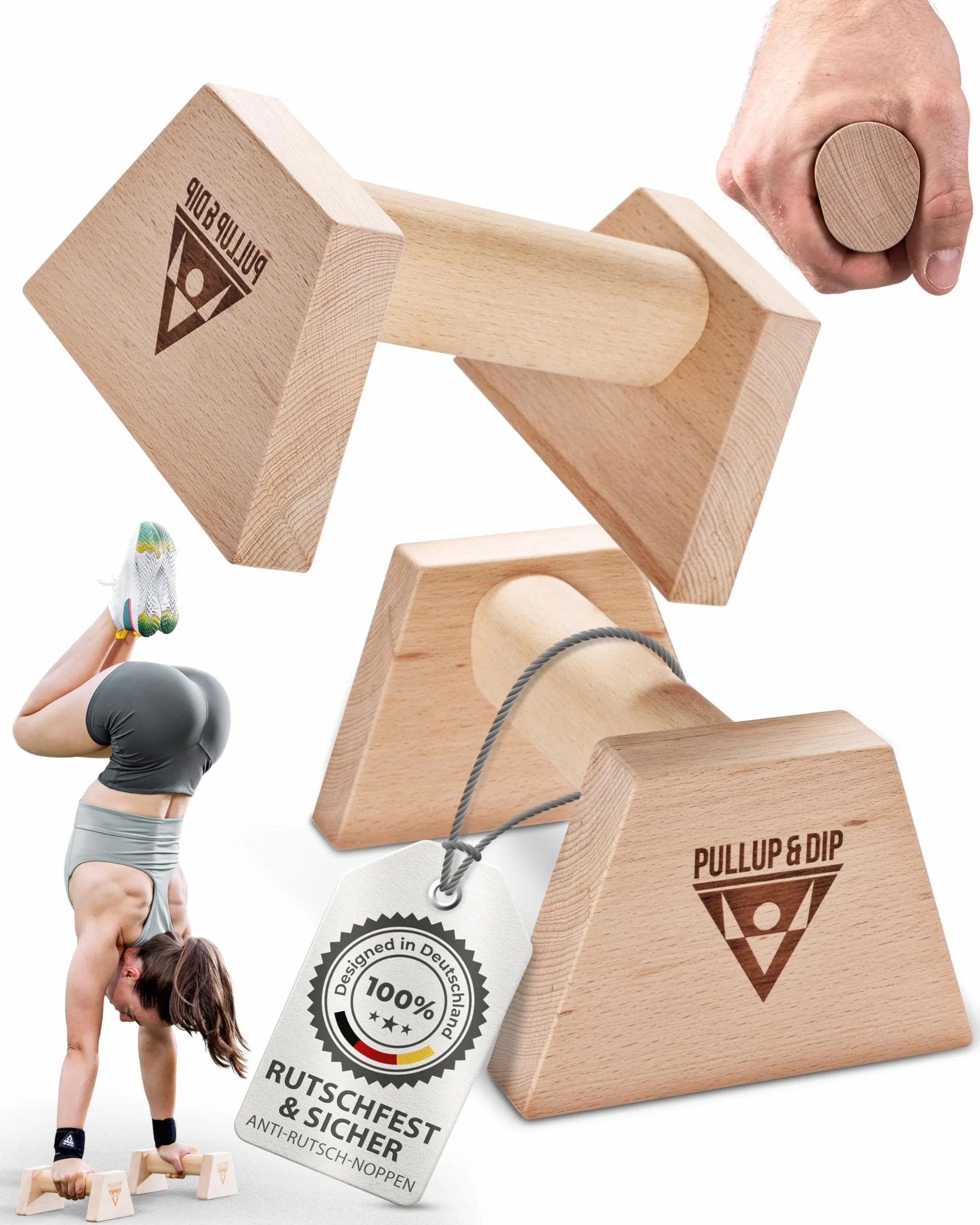 PULLUP & DIP drążki push-up z drewna wraz z bandażami na nadgarstek – ergonomiczne uchwyty do postawienia na rękach, antypoślizgowe drążki push-up do kalisteniki, fitnessu i treningu górnej części