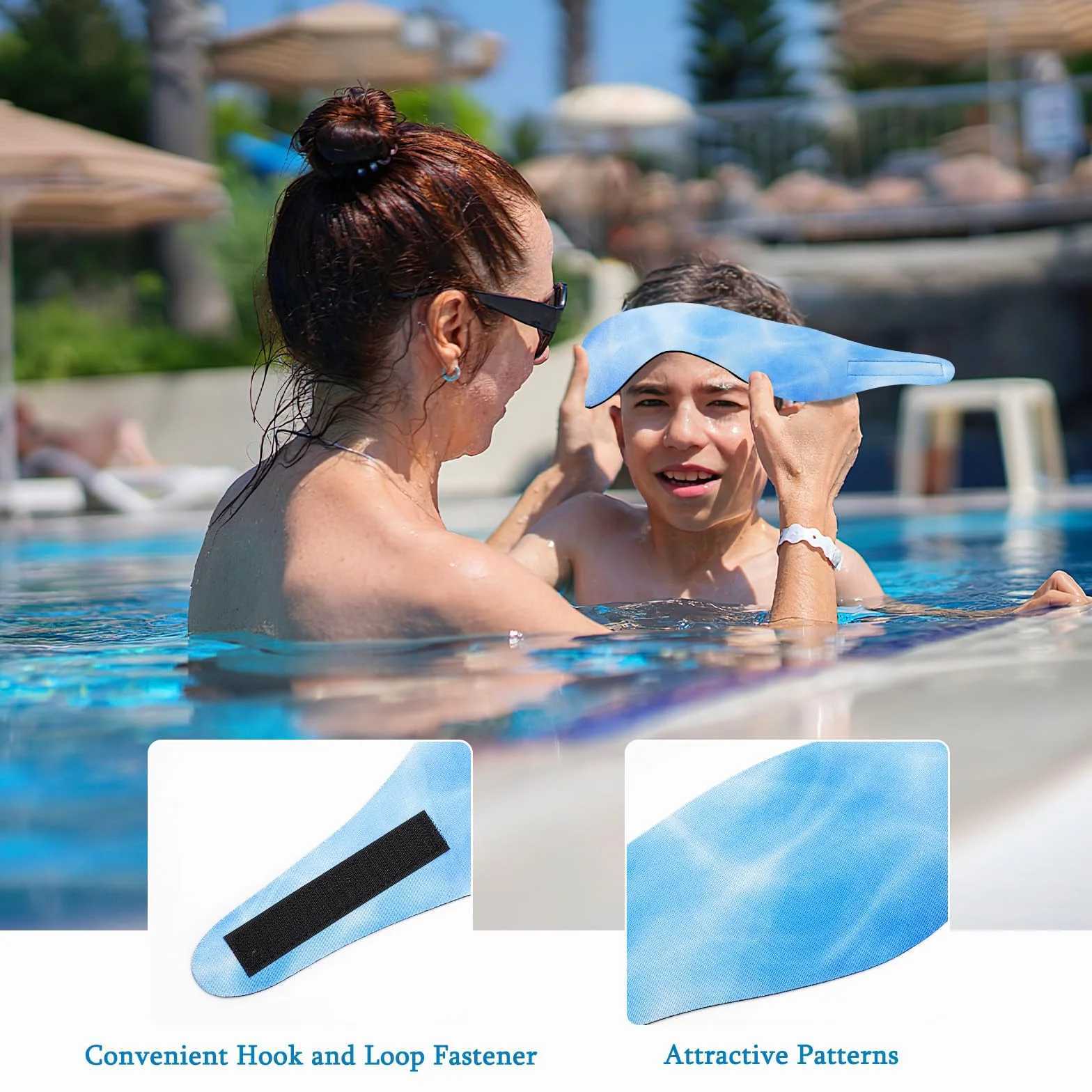 HeySplash Opaska pływacka, opaska ochronna na uszy pływackie, neoprenowa ochrona uszu dla dzieci i młodzieży, wodoodporna opaska do pływania, rozmiar M, niebieski falowanie
