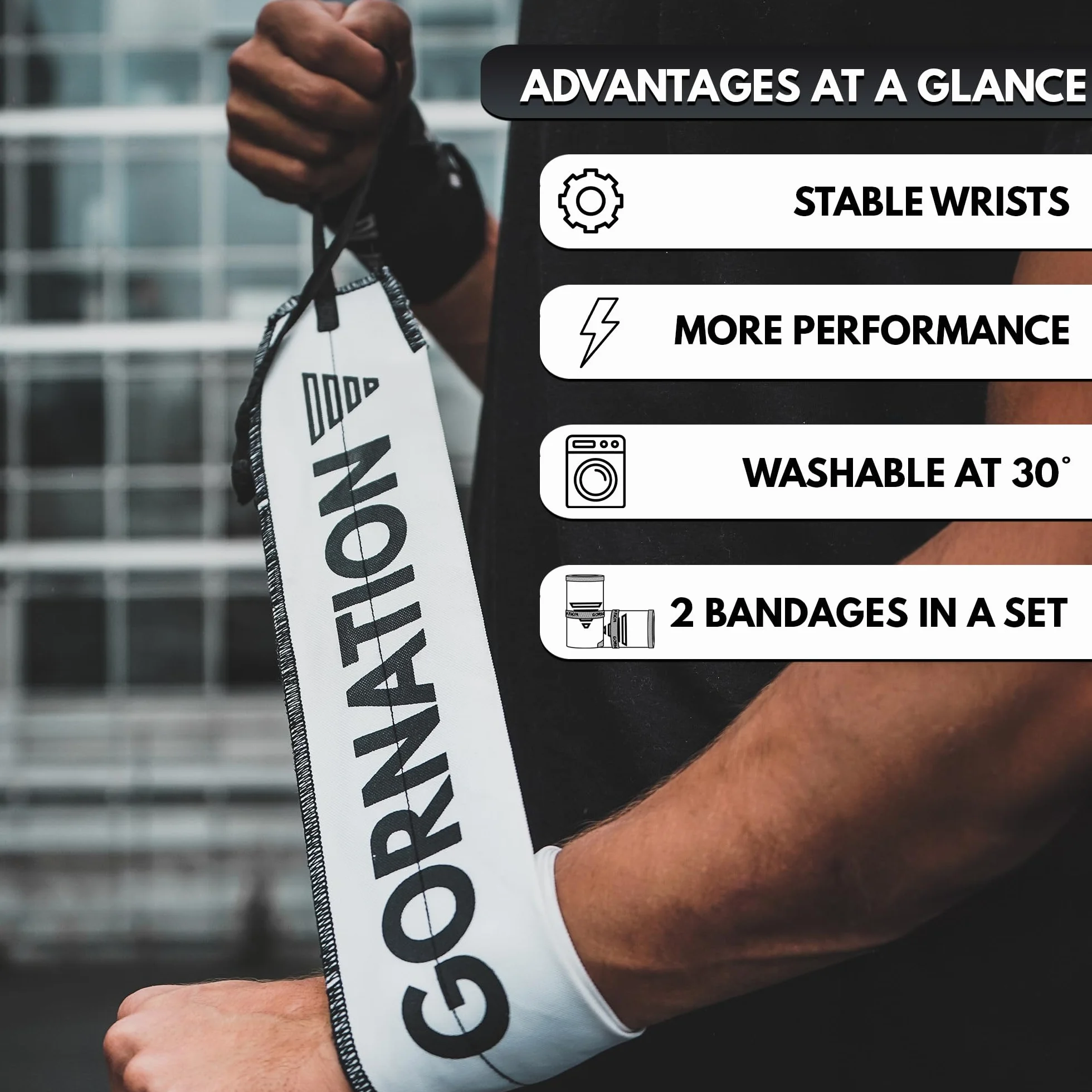 GORNATION Handledsband – Performance Wrist Wraps för fitness, gym, kalisthenics och styrketräning – 1 par omlottband, premium vit
