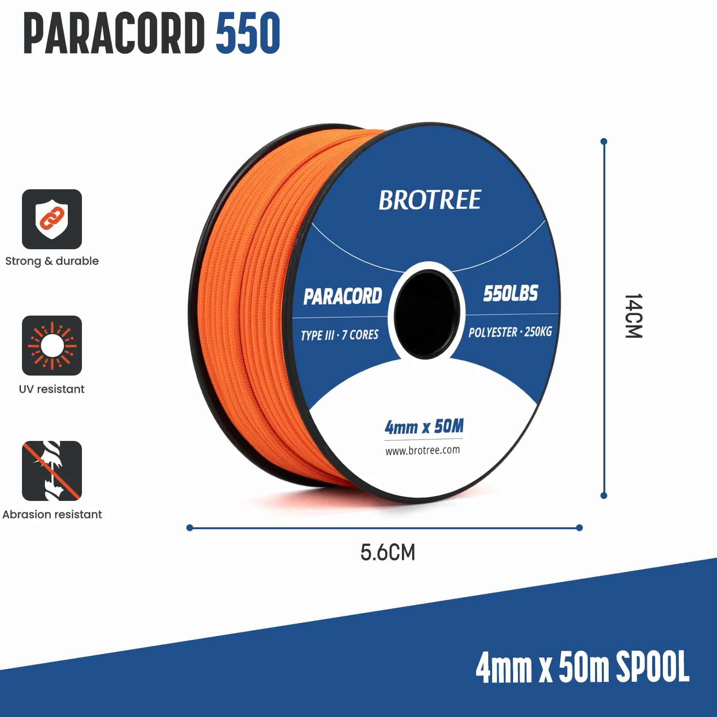 Brotree 550 Paracord 4mm 50m Linka Typ III 7-żyłowa Poliester Pomarańczowy