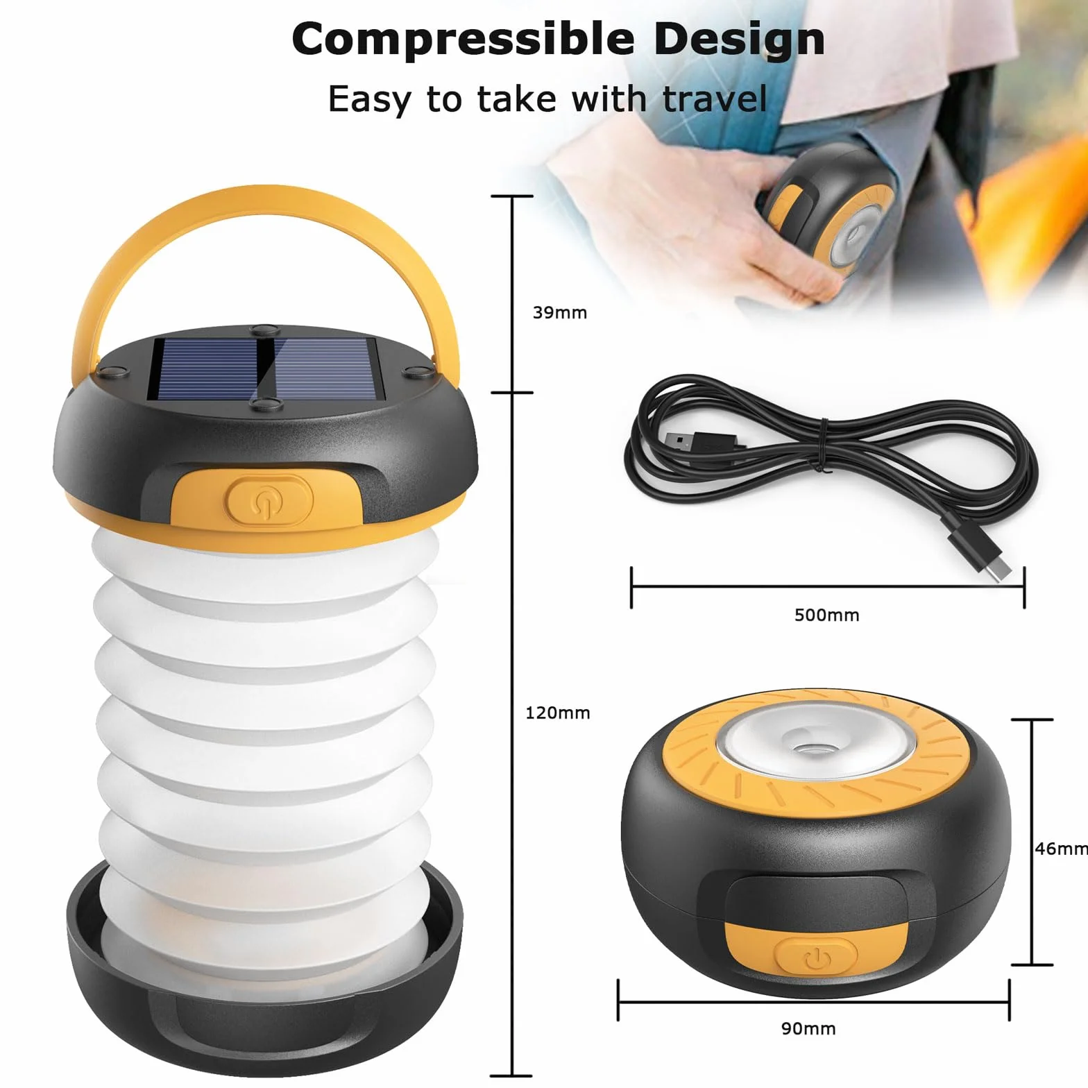 GlobaLink Latarnia kempingowa LED, ładowalna lampa kempingowa, zasilana energią słoneczną/USB, składana lampa namiotowa z gwizdkiem pierwszej pomocy, lampa kempingowa do namiotu turystycznego, ogrodu