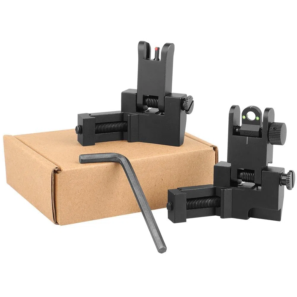 Aluminum Alloy 45 Degree Angled BUIS Front and Rear Flip Up Rapid Transition Backup Iron Sight For Rifle Scope(Black with fiber optic)