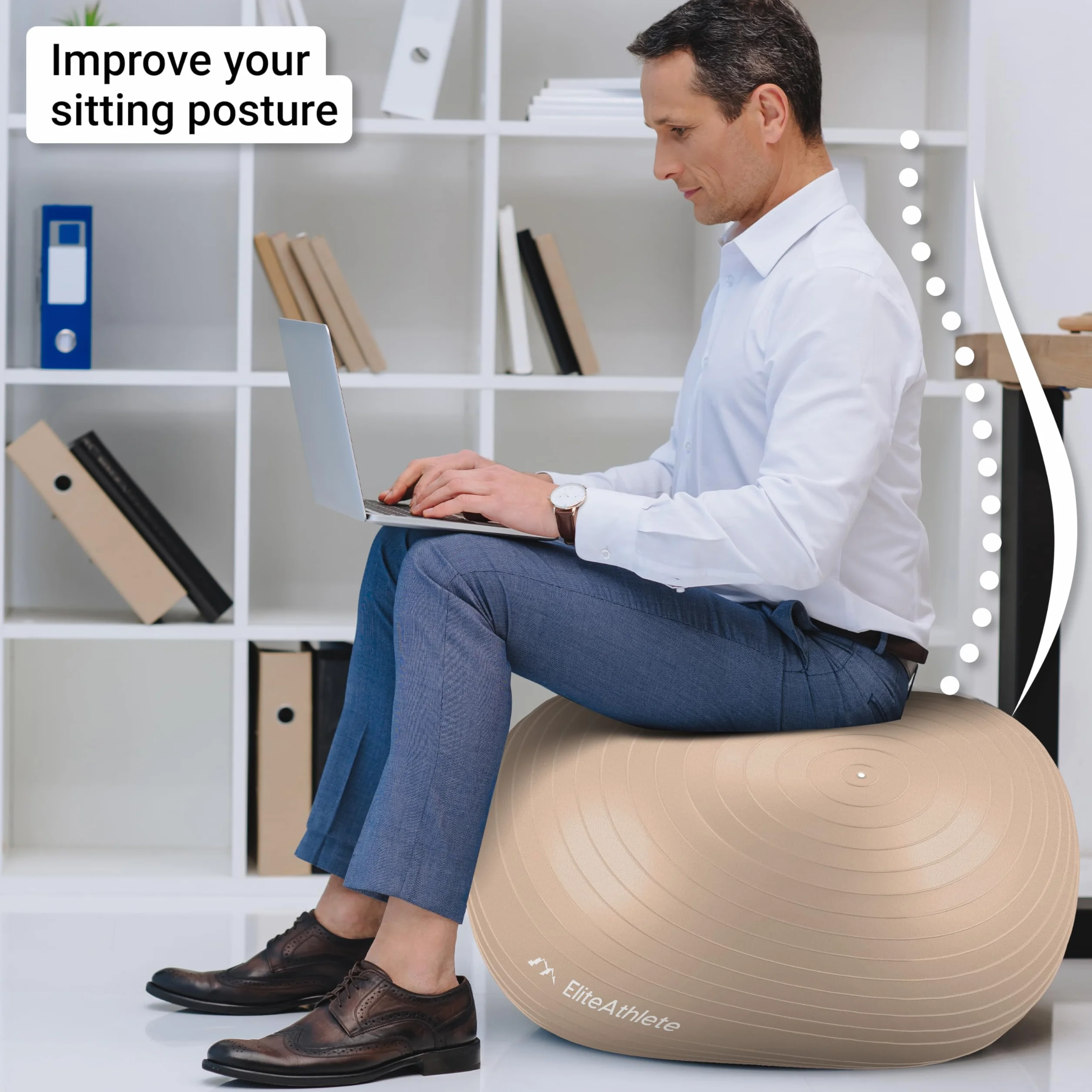 EliteAthlete Ergonomiczna piłka do siedzenia, z systemem zapobiegającym pękaniu, do fitnessu, pilatesu, ciąży, jogi, 65 cm, w zestawie z pompką