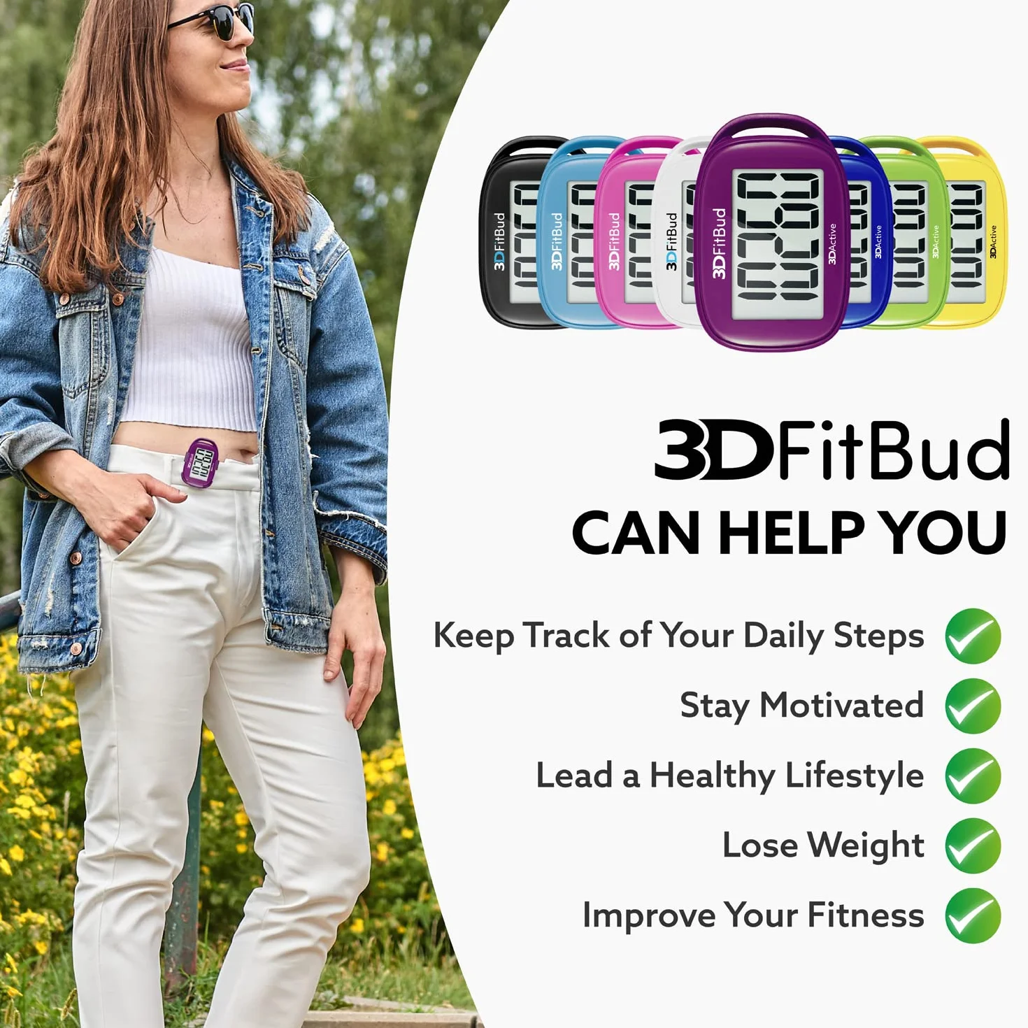 3DActive 3DFitBud Prosty krokomierz 3D klipsem i smycza, licznik kroków, duzy wyswietlacz, latwy uzyciu dzieci, doroslych i seniorów, do sledzenia aktywnosci fizycznej A420S - Sliwka
