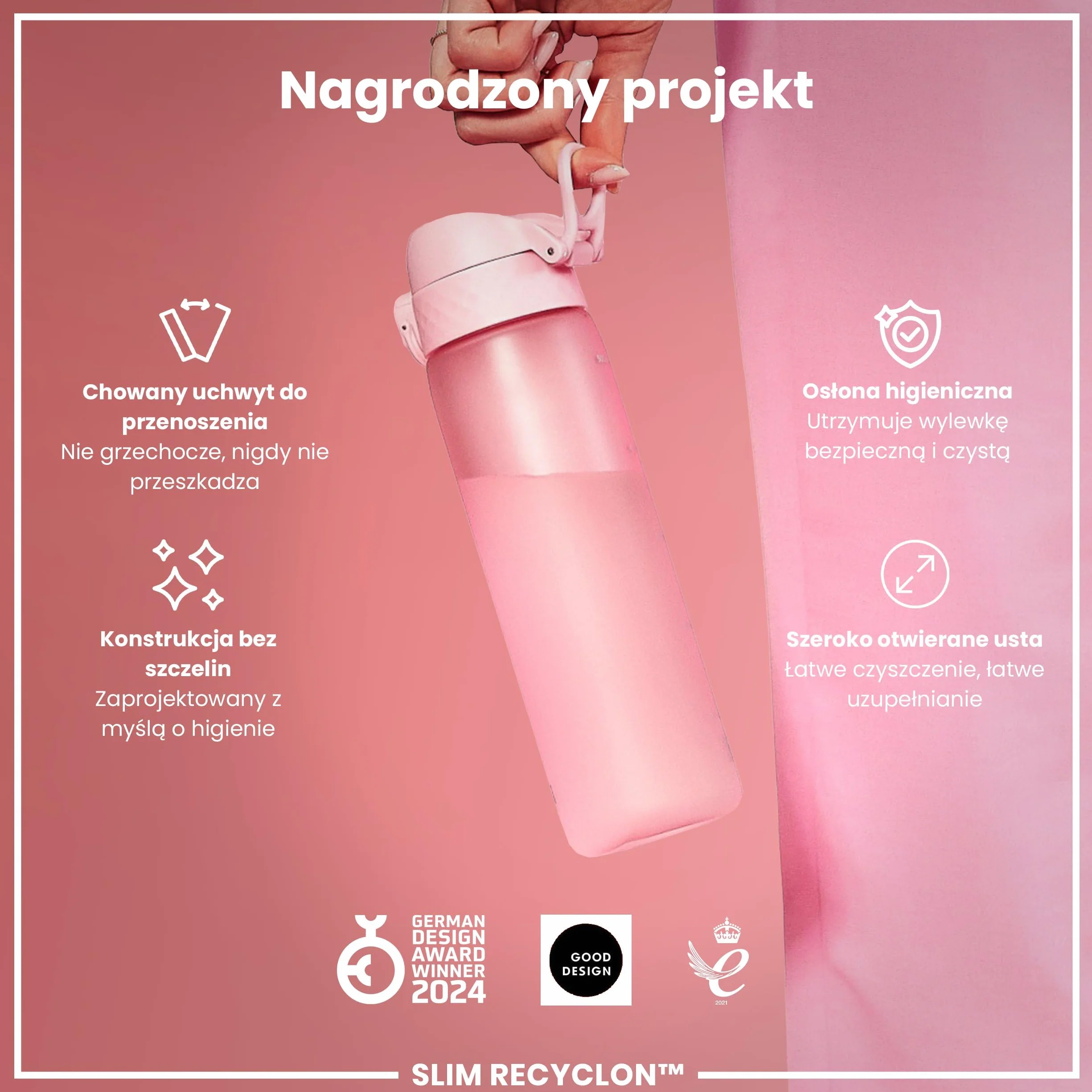 ION8 Butelka na Wodę, 500 ml/18 oz, Szczelna, Łatwe Otwieranie, Bezpieczny Zamek, Można Myć w Zmywarce, Bez BPA, Higieniczne Pokrycie, Uchwyt do Przenoszenia, Łatwa Czyszczenie, Bezwonny, Jasny Róż