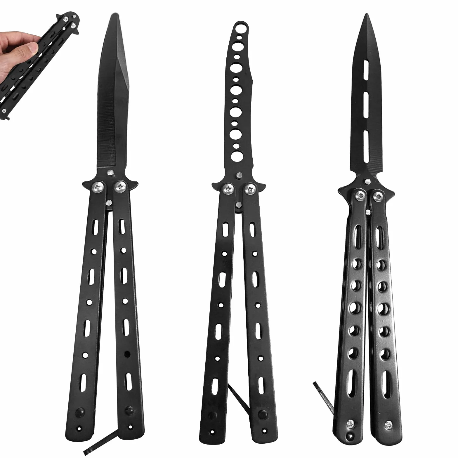 3 sztuki trenażera motyla: nóż treningowy motylkowy nieszlifowane ostrze grzebień ze stali nierdzewnej dla początkujących nóż treningowy Balisong - do treningu figury (czarny)