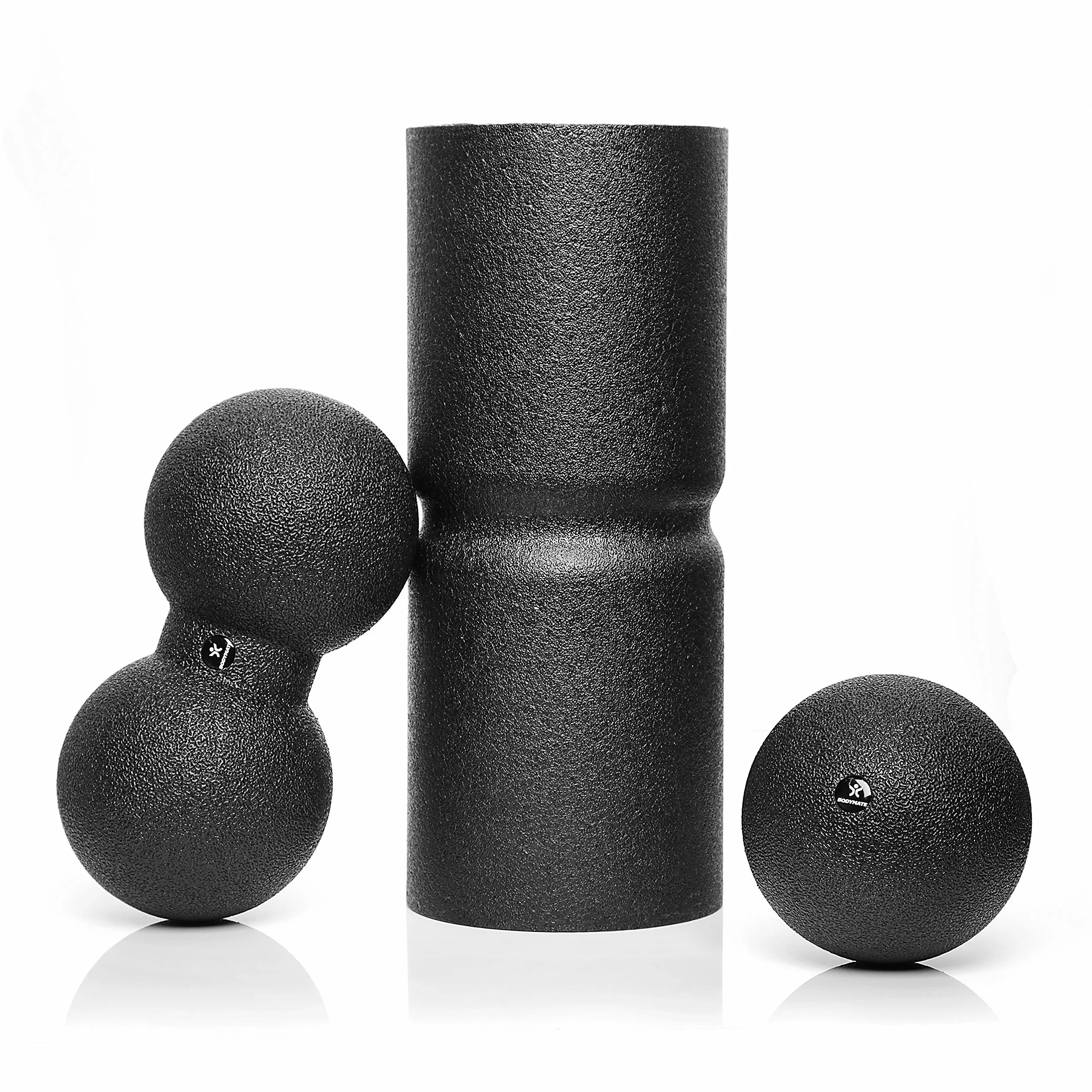 BODYMATE – zestaw do powięzi Care: wałek powięziowy Care 35 x 14 cm średniotwardy z rowkiem dla odciążenia kręgosłupa, piłka pojedyncza 12 cm i piłka podwójna 12 x 24 cm, kolor czarny + e-book