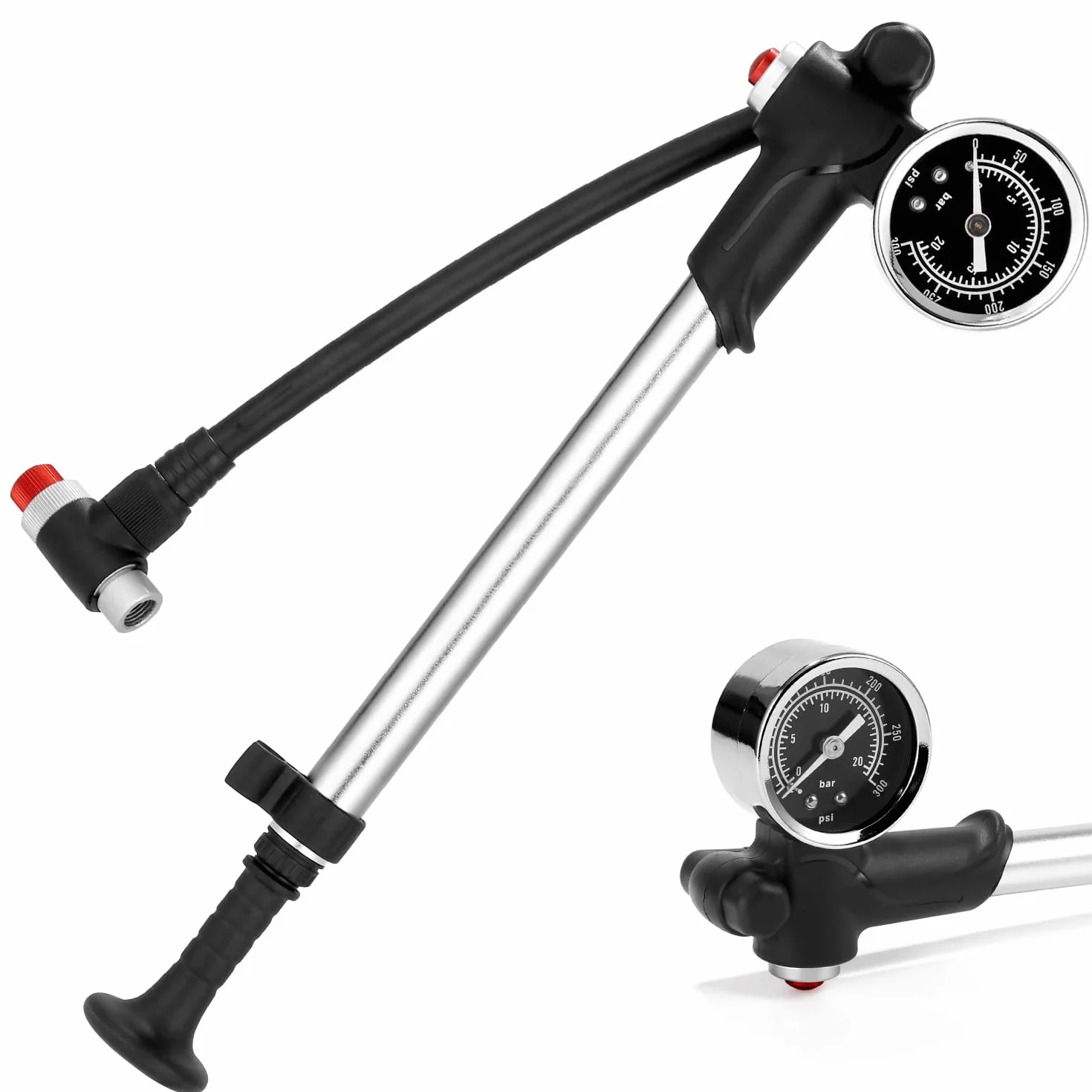 Pompa amortyzatorów 300 PSI z manometrem, pompka rowerowa 2 w 1 do MTB i szosówki