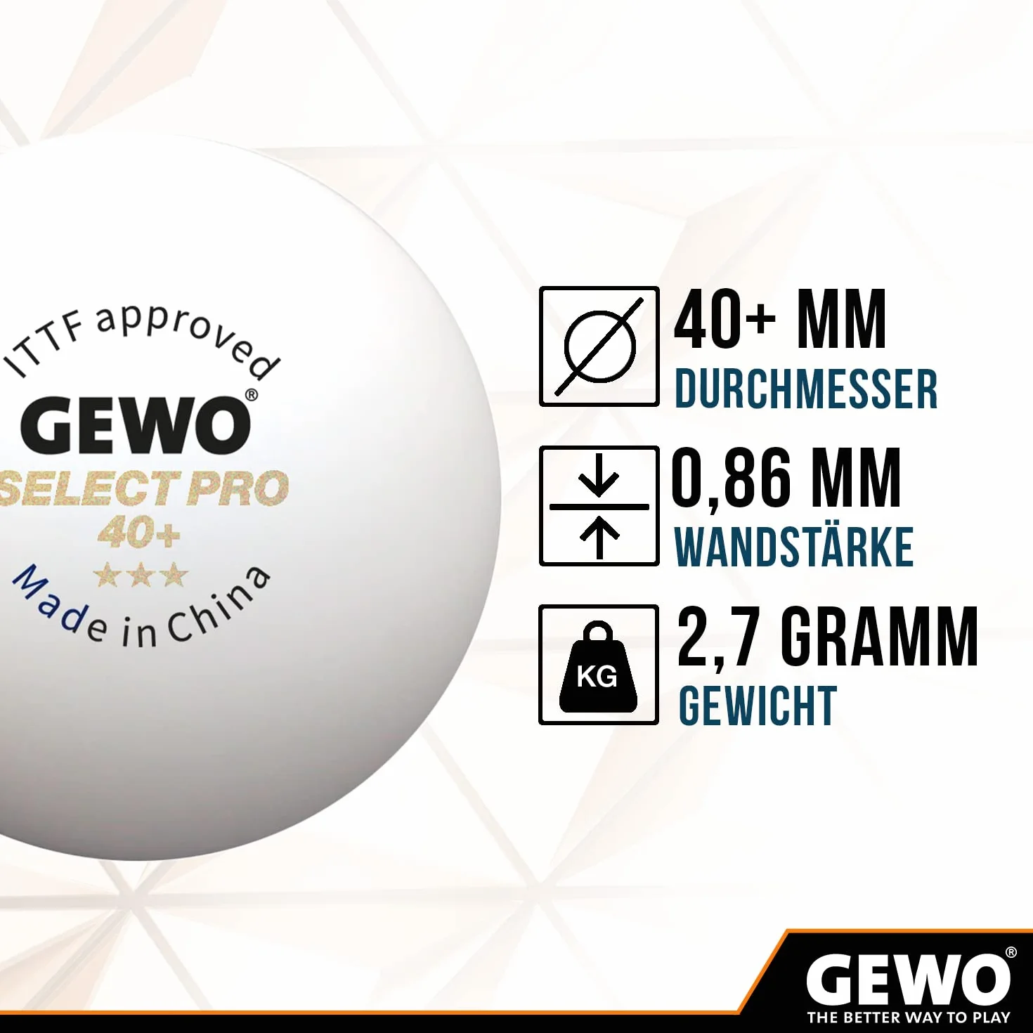 GEWO Select PRO piłki do tenisa stołowego – 3 gwiazdki z tworzywa sztucznego, 40+ ze szwem – certyfikowane przez ITTF piłki do tenisa stołowego – wysokiej jakości profesjonalne piłki do tenisa