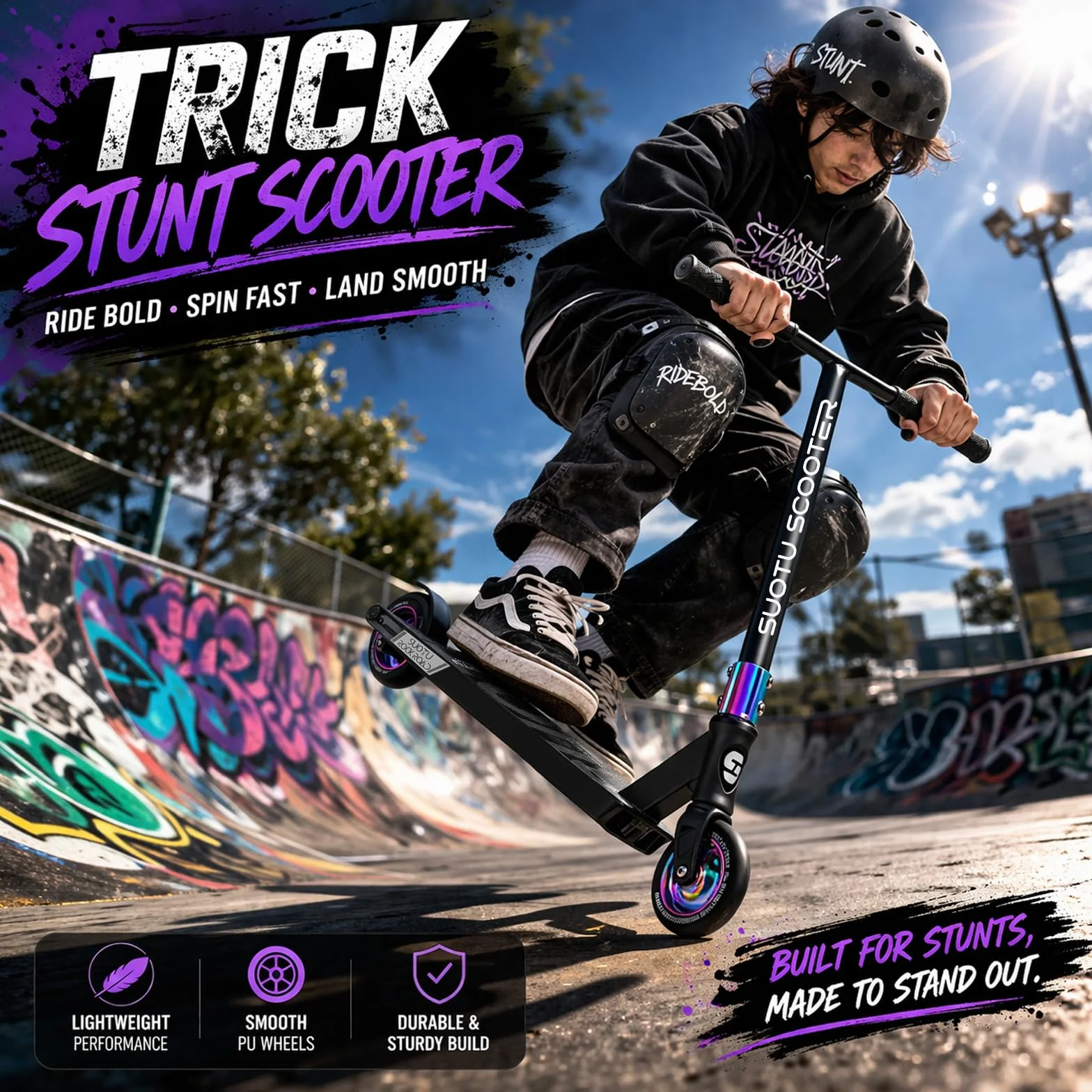 Hulajnoga Wyczynowe, Skrętne w 360°, Hulajnoga do Trików Wyczynowe z Kołami PU 100 mm, Stunt Scooter Dla Dzieci, Młodzieży i Dorosłych, Nośność: 100 kg, Aluminium
