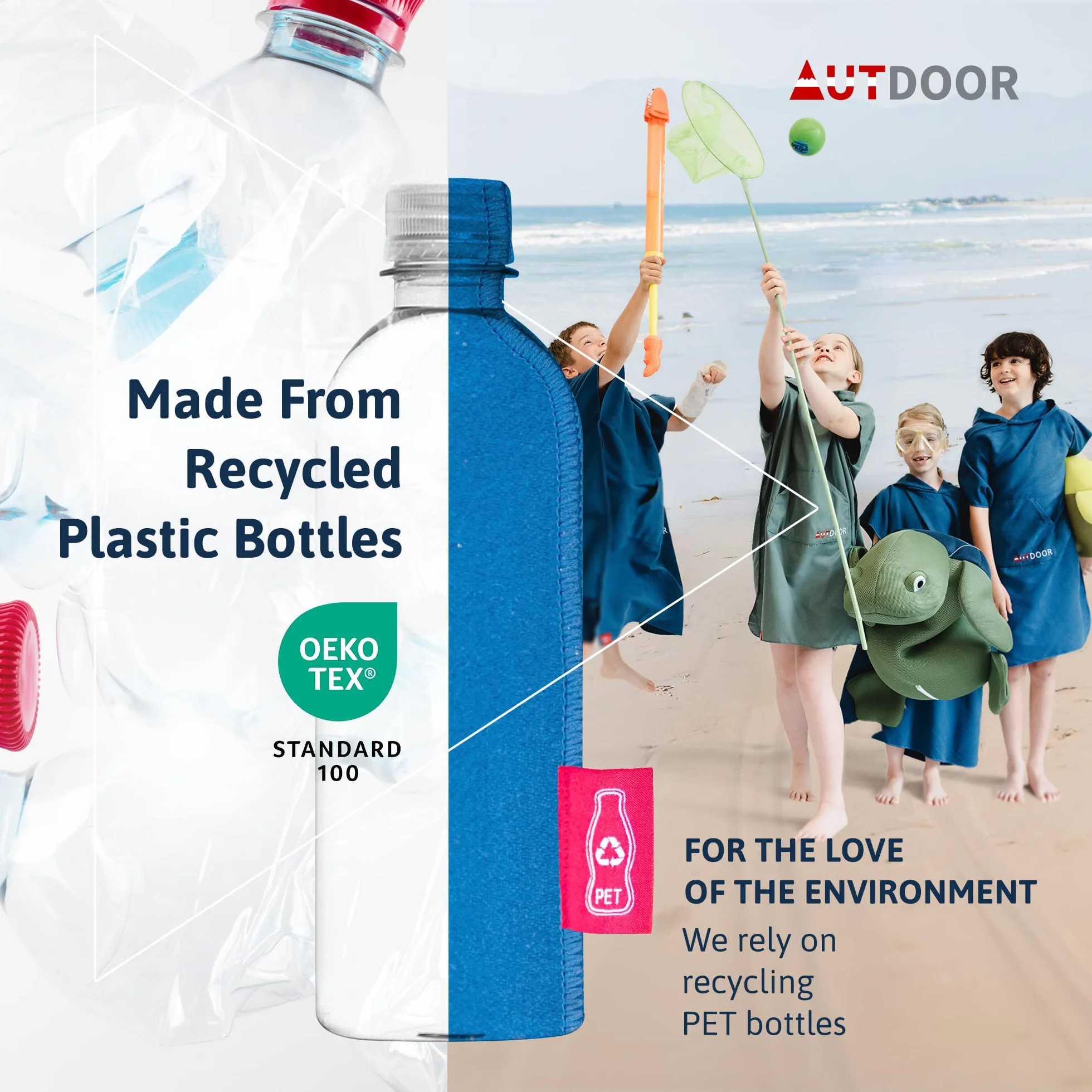 AUTDOOR® Ponczo kąpielowe z mikrofibry, dla kobiet i mężczyzn, w 100% z butelek PET pochodzących z recyklingu, ręcznik jako pomoc w przebieraniu się na plażę i do sportów wodnych – szybkoschnące i