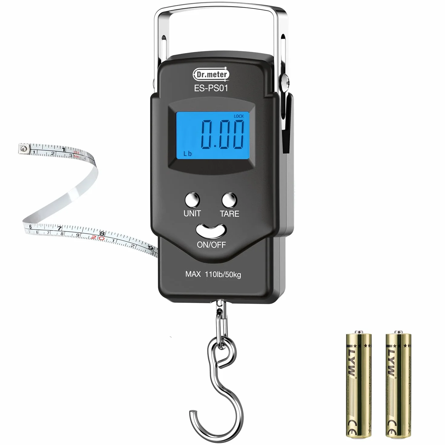 Dr.meter Waga wędkarska (PS01), waga wisząca, 50 kg, waga wędkarska z podświetlanym wyświetlaczem LCD, zintegrowana taśma miernicza, przenośna cyfrowa waga bagażowa z haczykiem, 2 baterie AAA, prezent