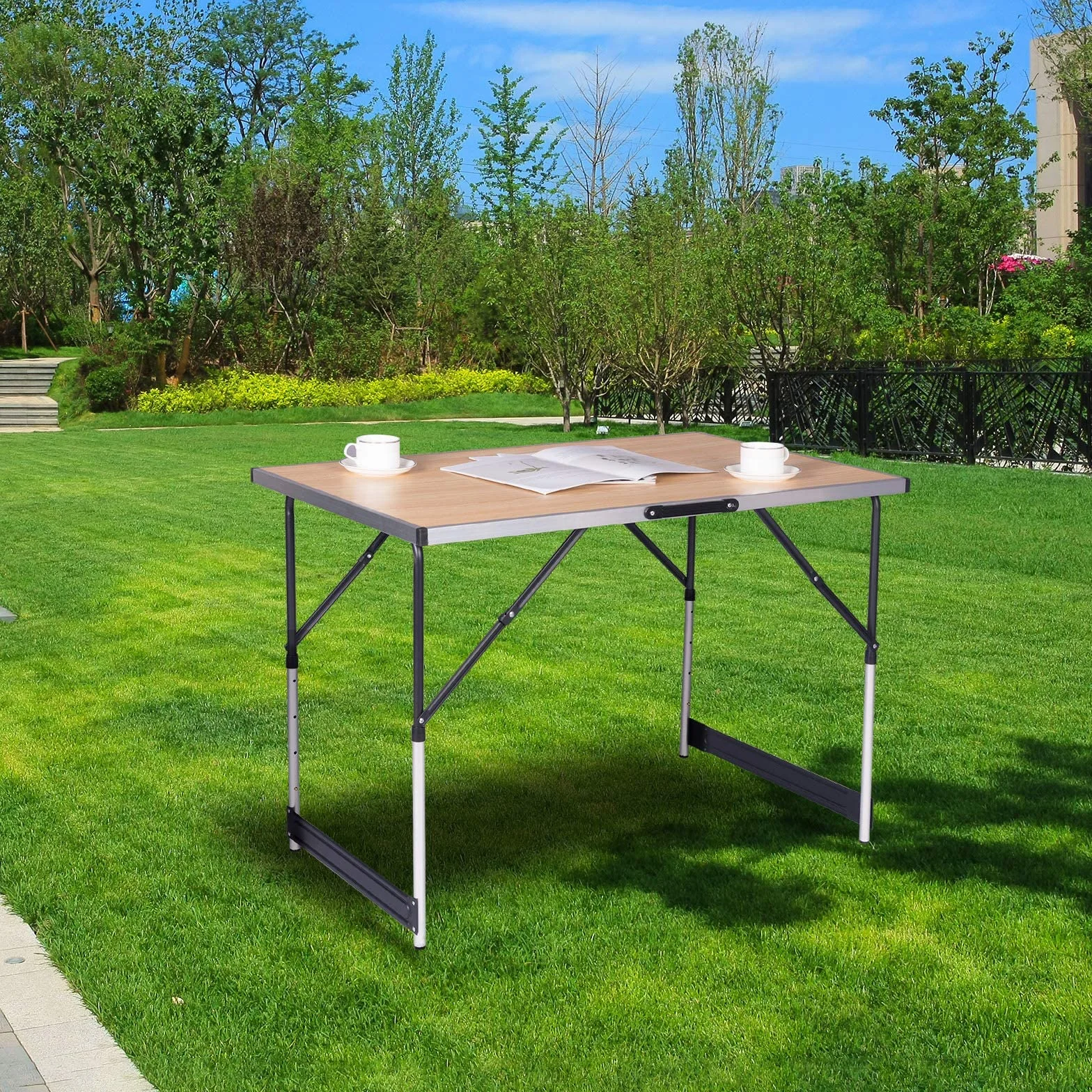Składany stół kempingowy aluminiowy z regulacją wysokości 100 x 60 x 73-94 cm MDF dąb
