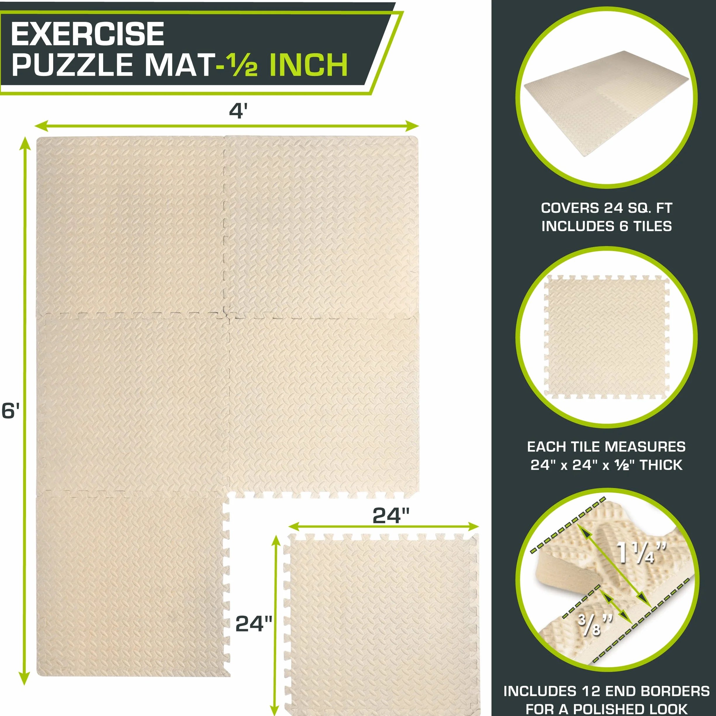 ProsourceFit Mata do ćwiczeń 1,25 cm, puzzle, pianka EVA, łączące się płytki podłogowe, do domowej siłowni, sprzętu treningowego, wyściółka dla dzieci, brązowa, 61 x 61 x 1,25 cm, 2,23 m2, 6 płytek