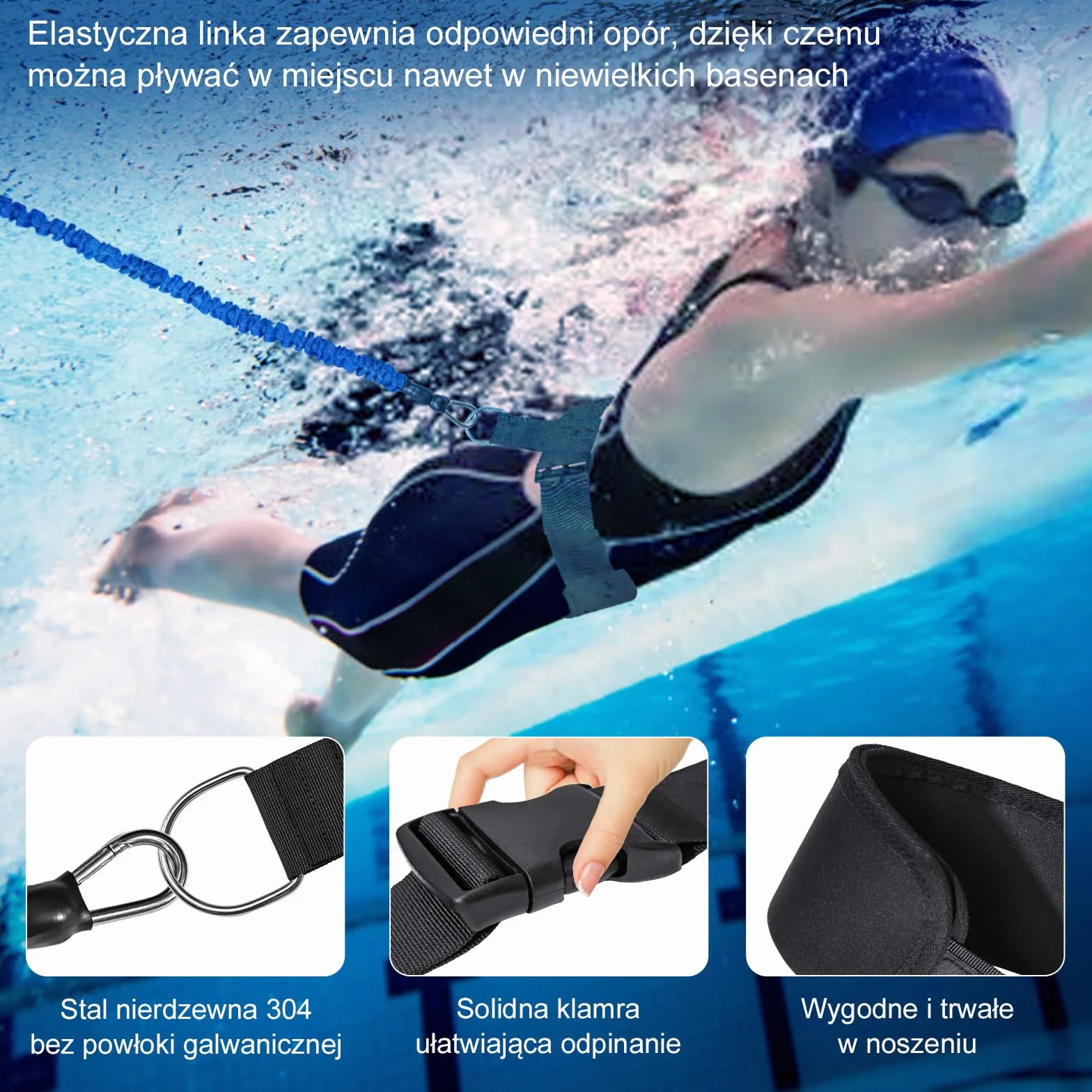 Oporowy pas do basenu z regulowaną liną 2,5-7,5 m, niebieski