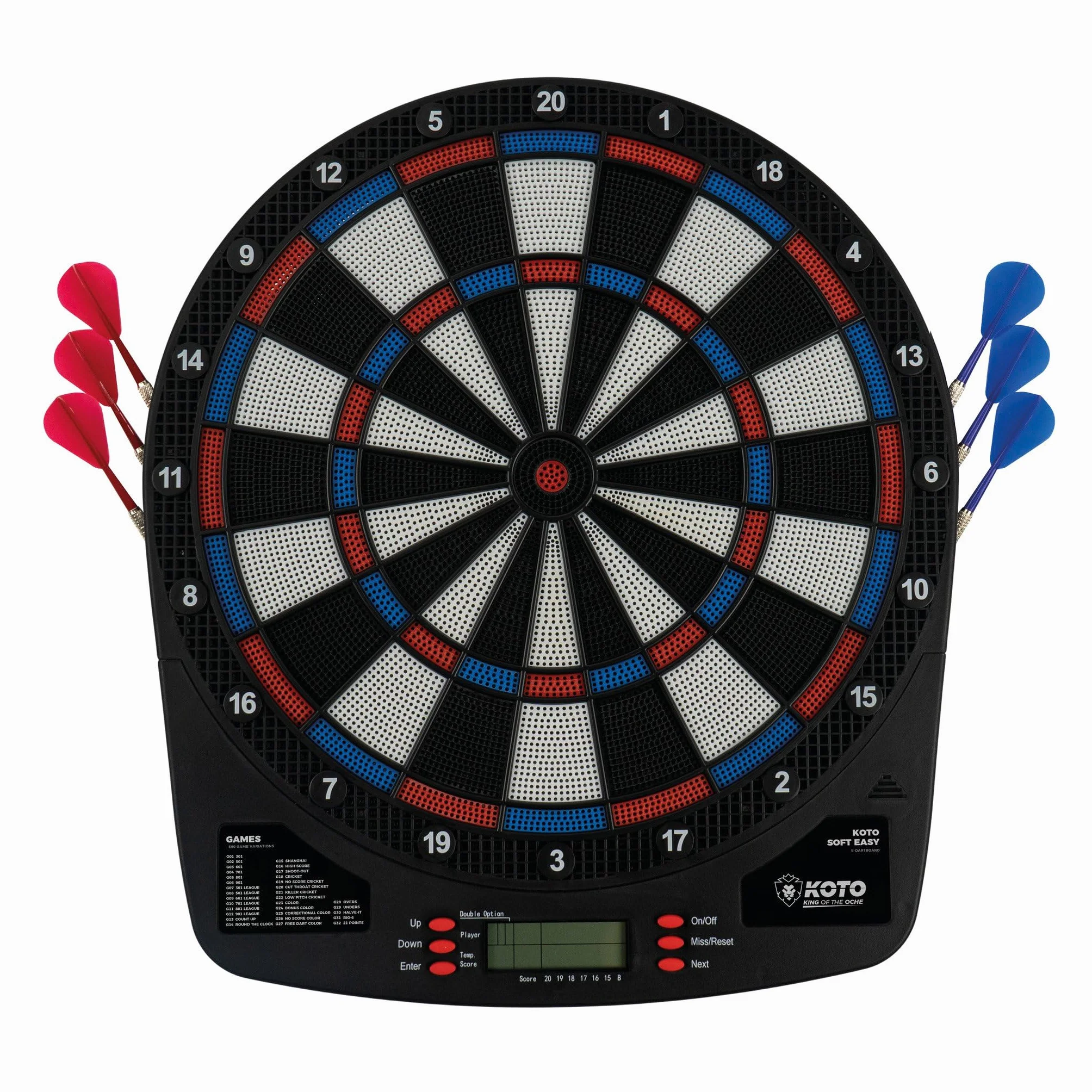 KOTO – Elektroniczna Tarcza Dart Soft Easy (39x2x44,5 cm), 6 Soft Dart, 32 Gry, Ponad 590 Wariantów, Kompaktowa i Nowoczesna