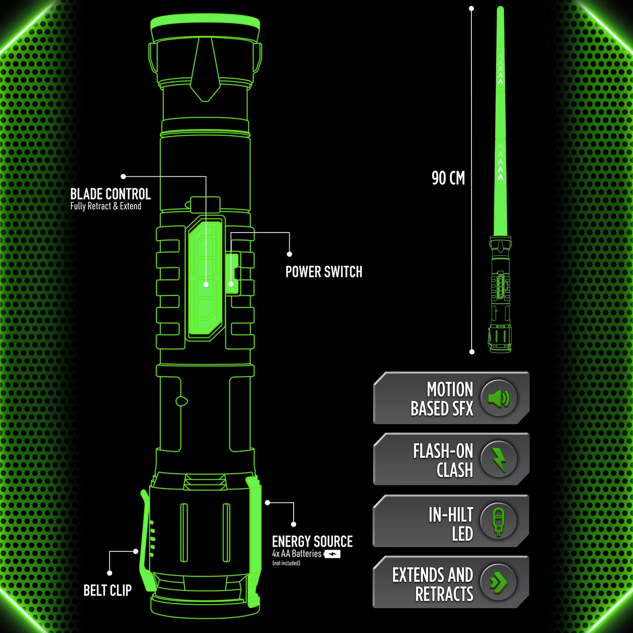 zielony | automatyczne przedłużanie 76.2 cm LED Energy Blade | Z ruchem światłem i efektami dźwiękowymi | Zalecany wiek od 6 lat