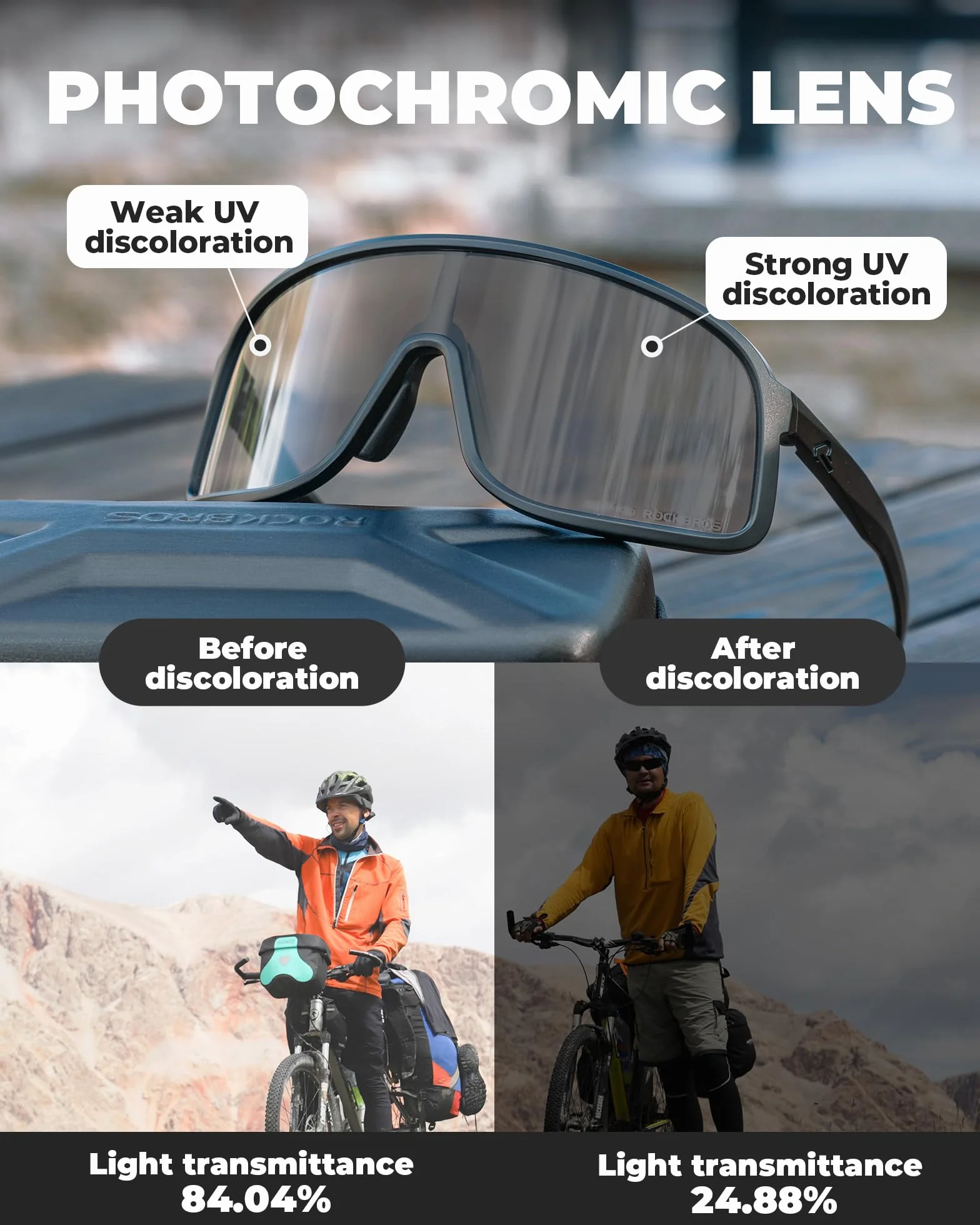 ROCKBROS Okulary rowerowe Fotochromatyczne okulary rowerowe Okulary rowerowe Outdoor Road Bike Sportowe okulary przeciwsłoneczne dla mężczyzn i kobiet
