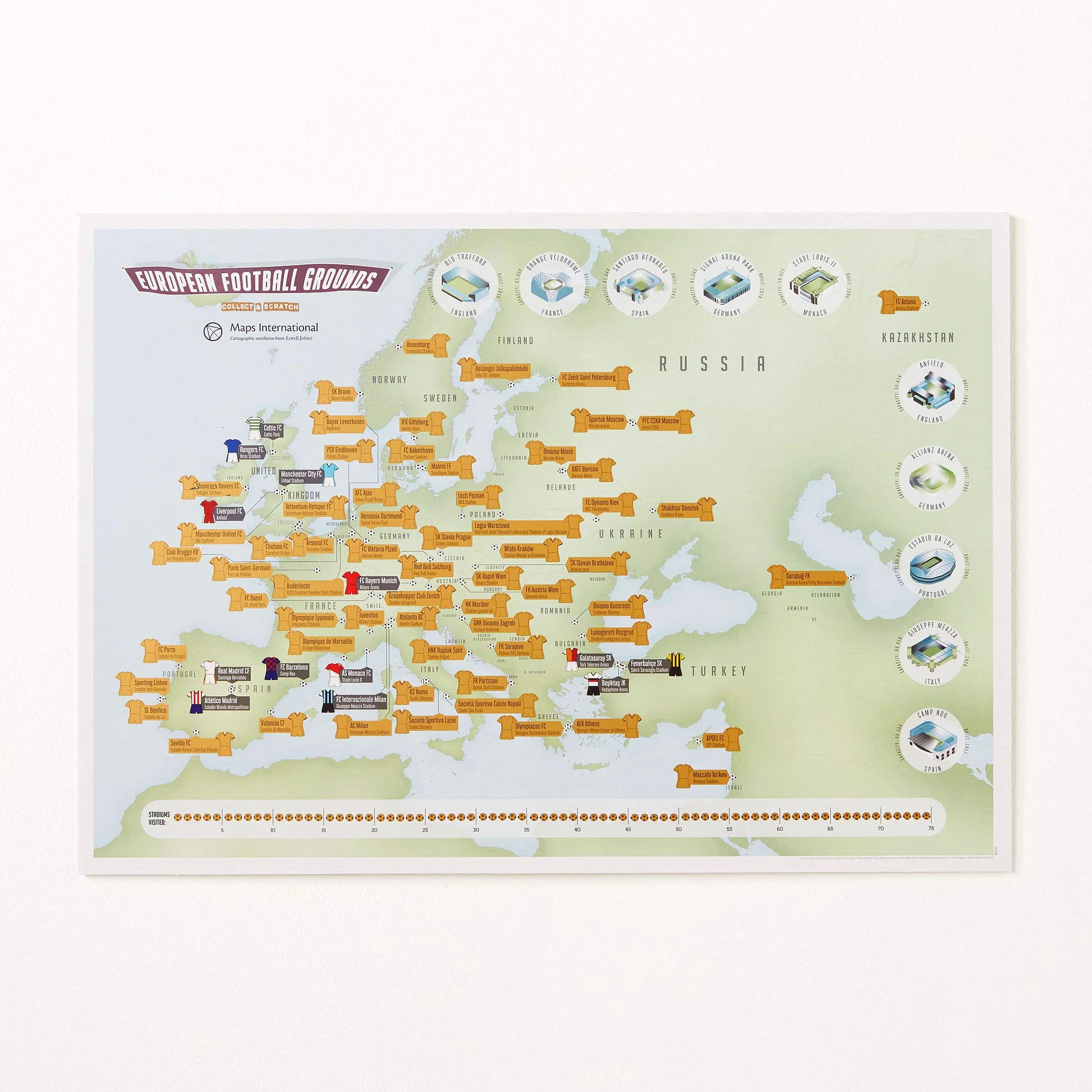 Europejski stadion piłkarski prezent plakat do zdrapywania — 59,4 cm (szer.) x 42 cm (wys.)