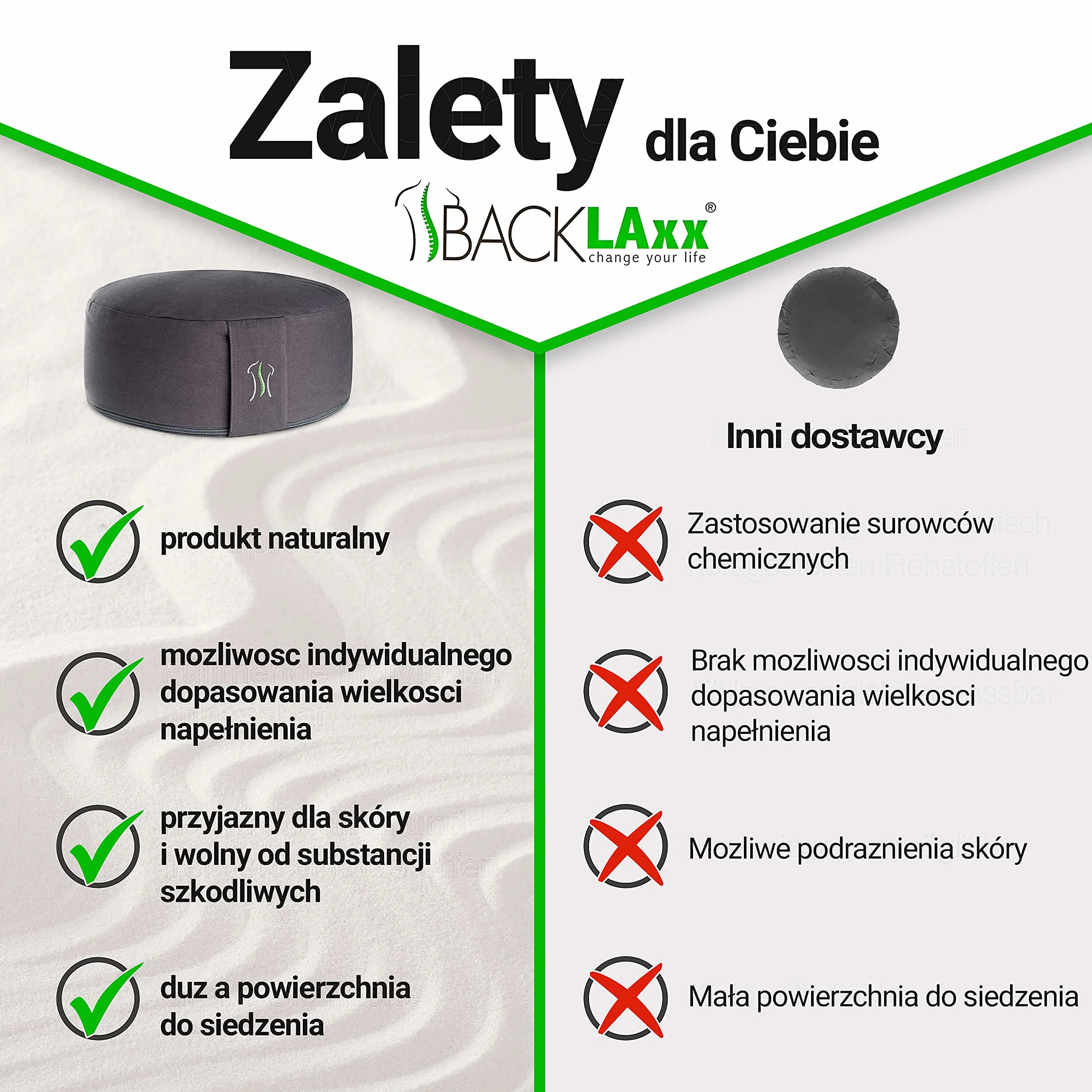 BACKLAXX ® Poduszka do jogi, poduszka do medytacji XL, Ø 35 cm [30% więcej powierzchni do siedzenia], wysokość 15 cm z wypełnieniem gryczanym, idealne akcesoria do medytacji, okrągła poduszka do jogi,