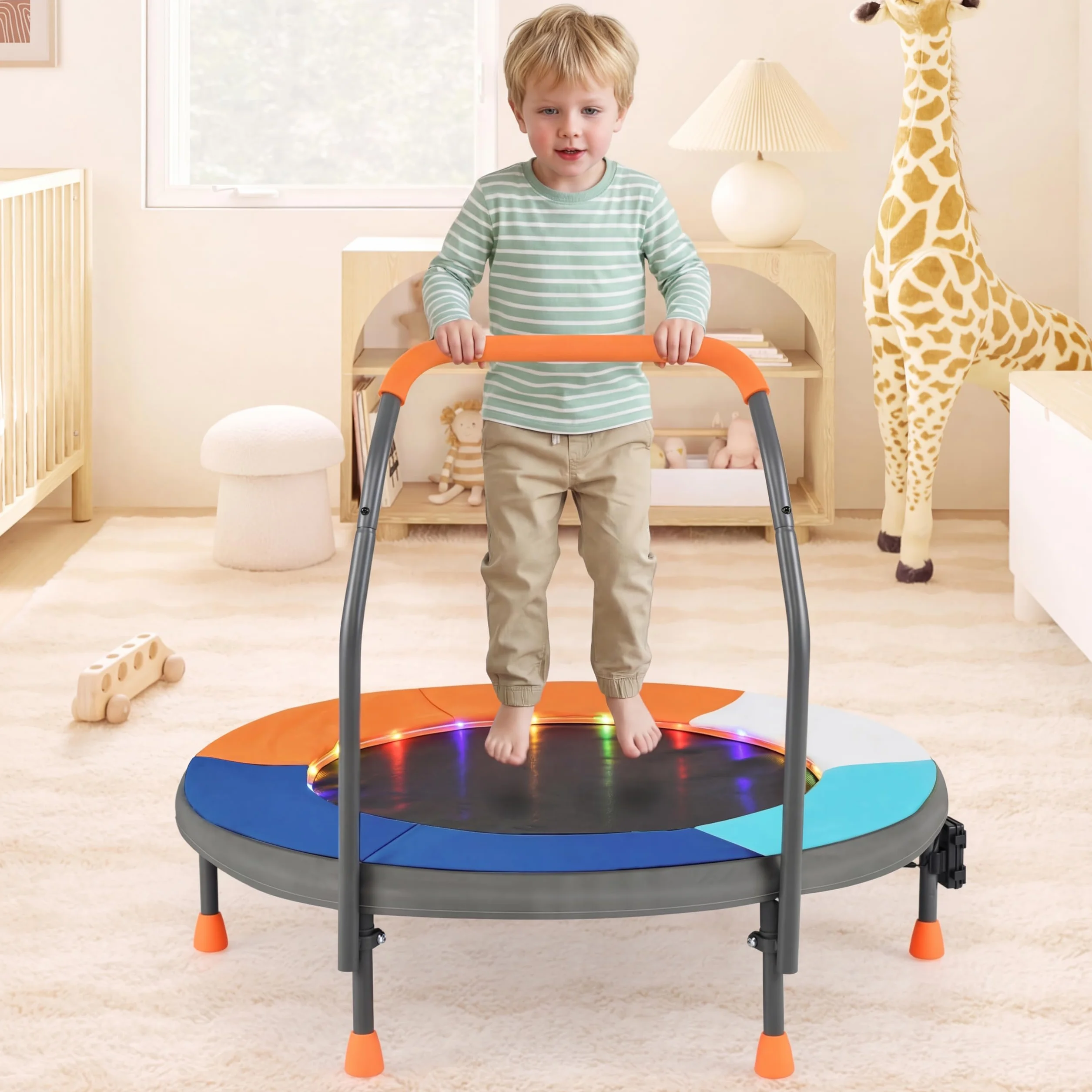 COSTWAY Trampolina dla dzieci o średnicy 90 cm, składana, z oświetleniem LED, z uchwytem i torbą do przenoszenia, mała trampolina ogrodowa, dla dzieci od 3 lat (ciemnoniebieska)