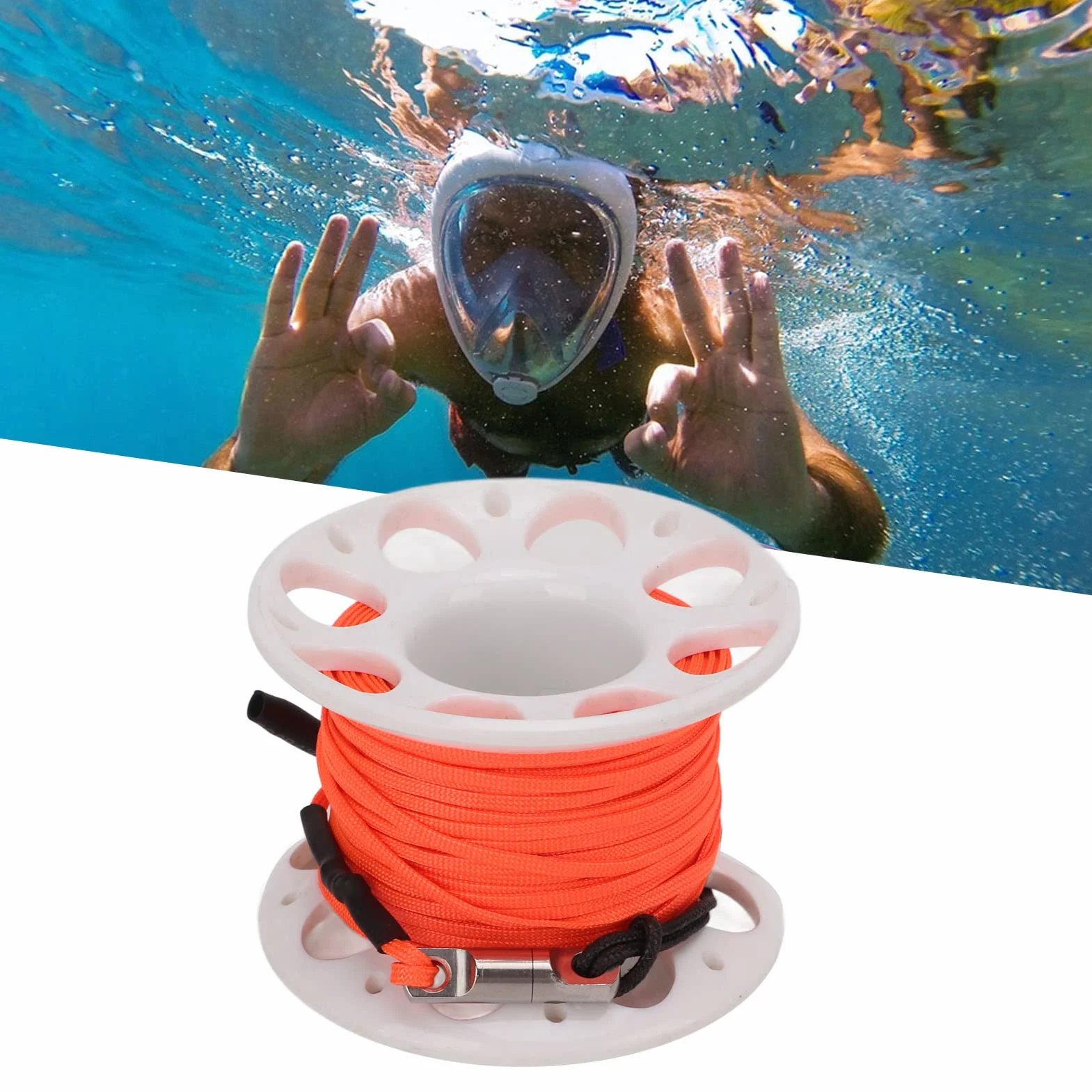 Szpula Palcowa, Plastikowa Szpula z podwójną śrubą zatrzaskową Pomarańczowa żyłka 15 M do Nurkowania