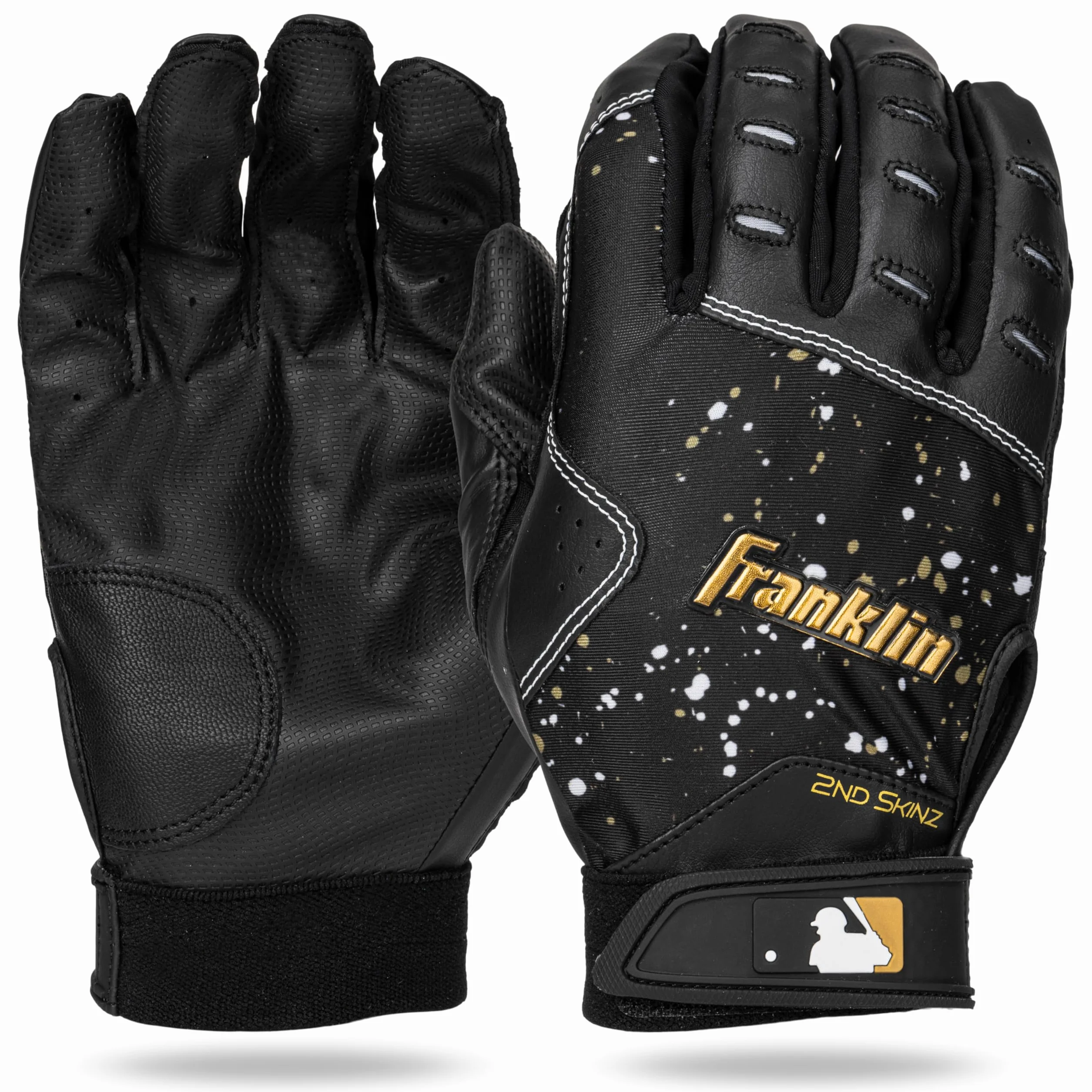 Franklin Sports MLB Batting Gloves - 2nd Skinz Drip Baseball + Softball Batting Gloves - Adult + Youth Premium Leather Pair - Black + Gold - Adult Medium