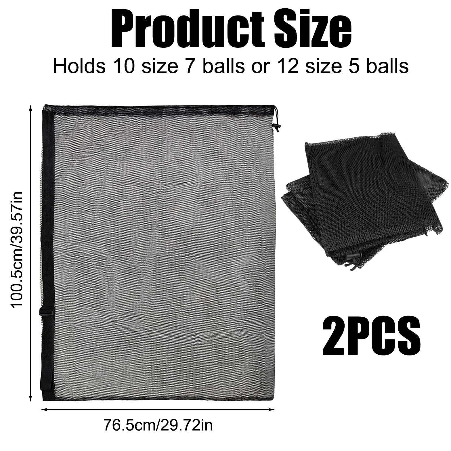 Worek na piłki, 2 sztuki, 75,5 x 100,5 cm, siatka na 10-12 piłek, bardzo duża siatka, przenośna torba na piłkę ze sznurkiem, duża sportowa torba na piłkę, do piłki nożnej, torba na piłkę, czarna