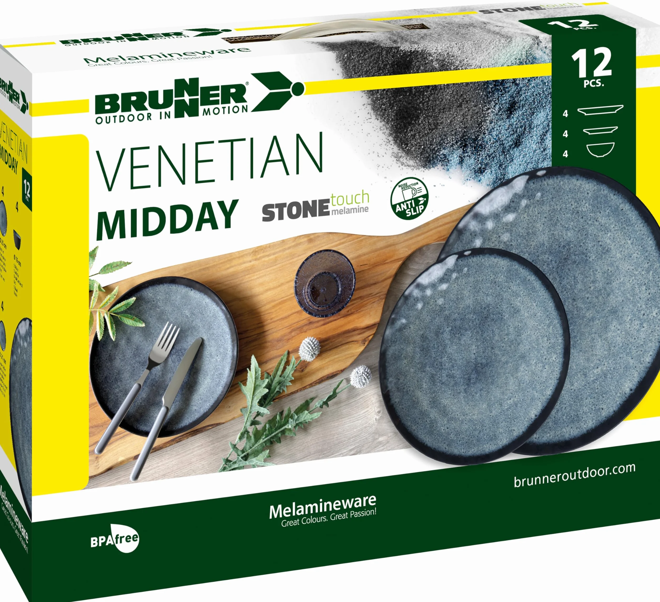 BRUNNER Zestaw naczyń kempingowych (12-częściowy zestaw) dla 4 osób - Midday Venetian - wysokiej jakości melamina Stone Touch, antypoślizgowa i trwała